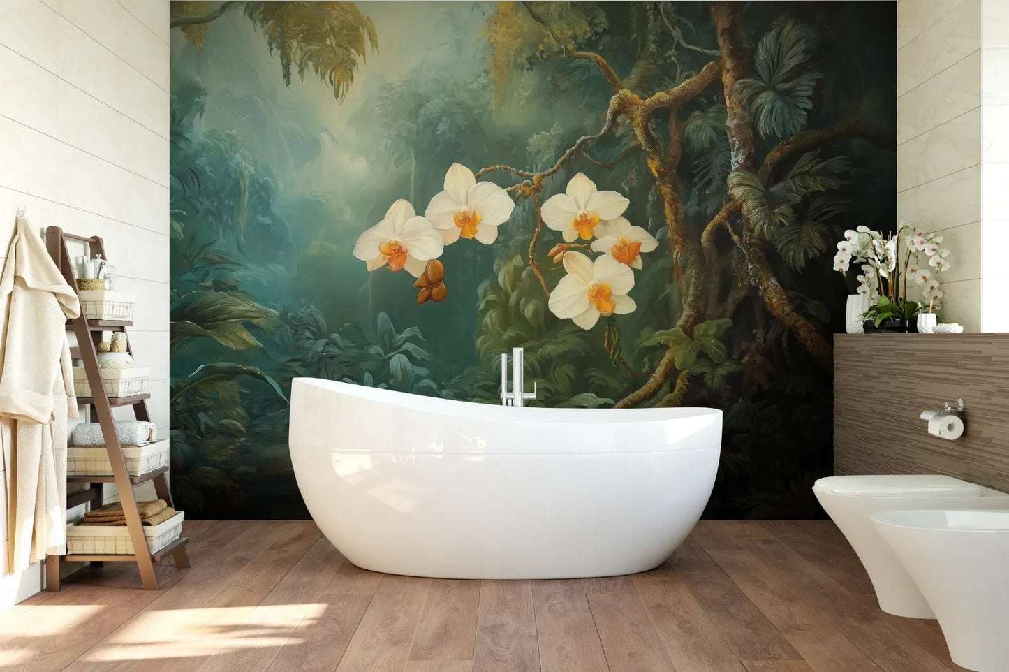Wzór fototapety ORCHID LUMINANCE - tapeta z tropikalnymi kwiatami w mistycznym lesie pokazanej w aranżacji łazienki.