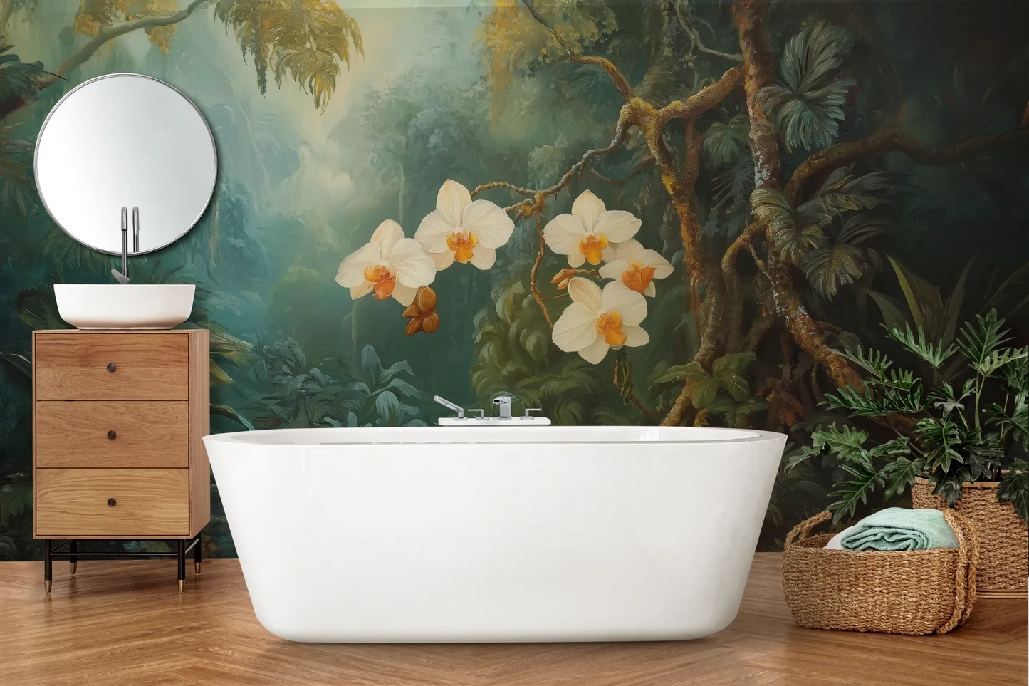 Wzór fototapety ORCHID LUMINANCE - tapeta z tropikalnymi kwiatami w mistycznym lesie pokazanej w aranżacji łazienki.