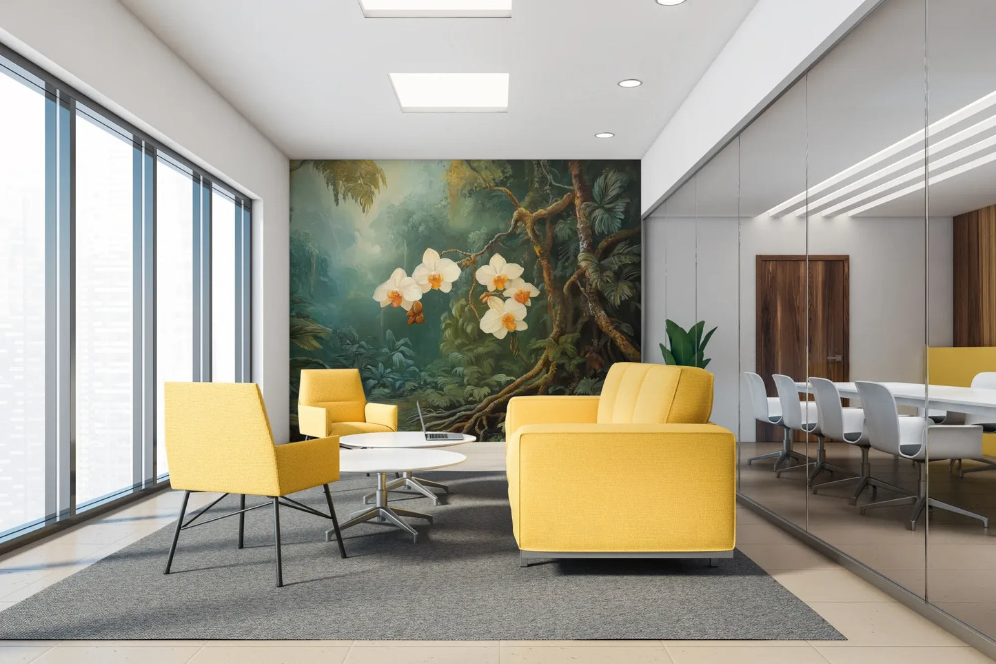 Fototapeta ORCHID LUMINANCE - tapeta z tropikalnymi kwiatami w mistycznym lesie w aranżacji wnętrza.