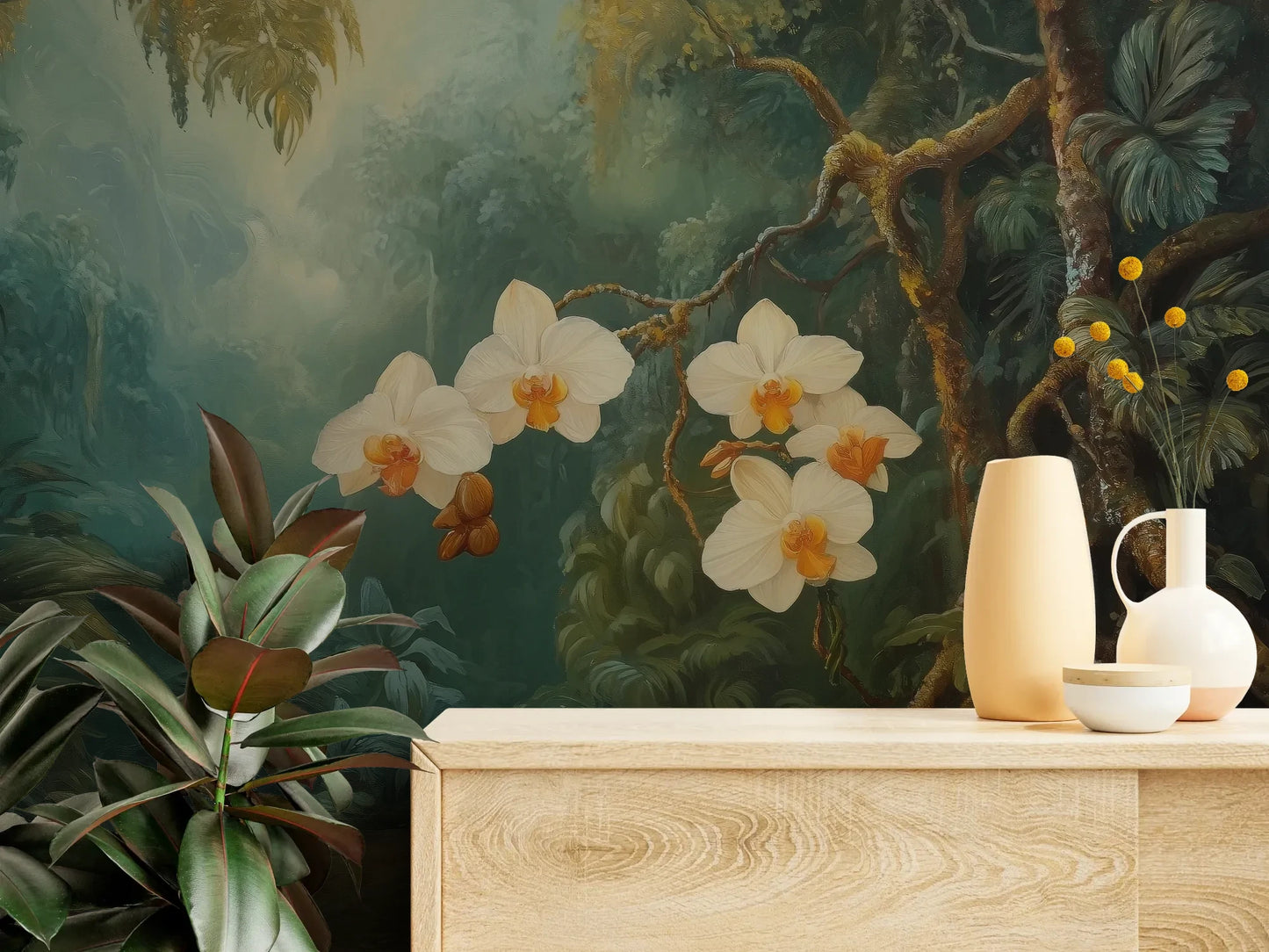 Fototapeta ORCHID LUMINANCE - tapeta z tropikalnymi kwiatami w mistycznym lesie pokazana w aranżacji wnętrza z akcentem na ścianie.