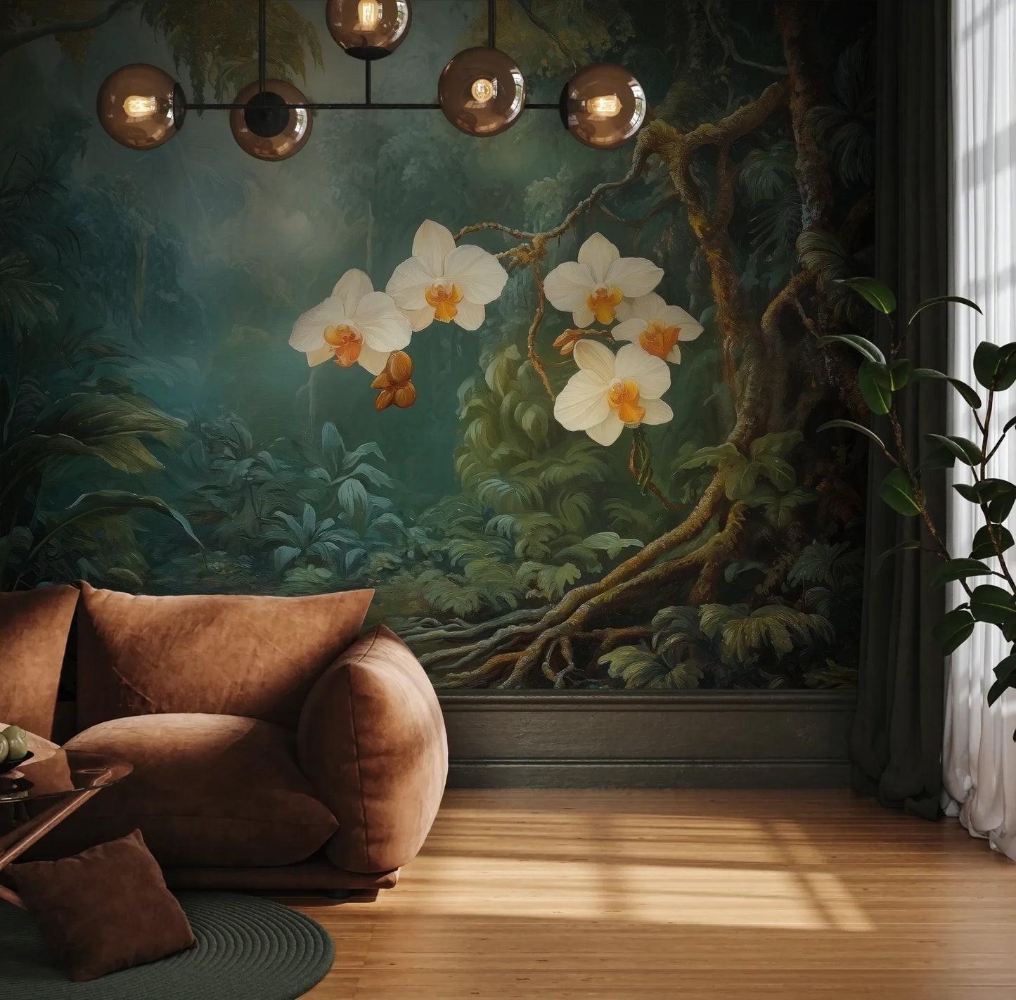 Fototapeta ORCHID LUMINANCE - tapeta z tropikalnymi kwiatami w mistycznym lesie pokazana w aranżacji wnętrza z akcentem na ścianie.