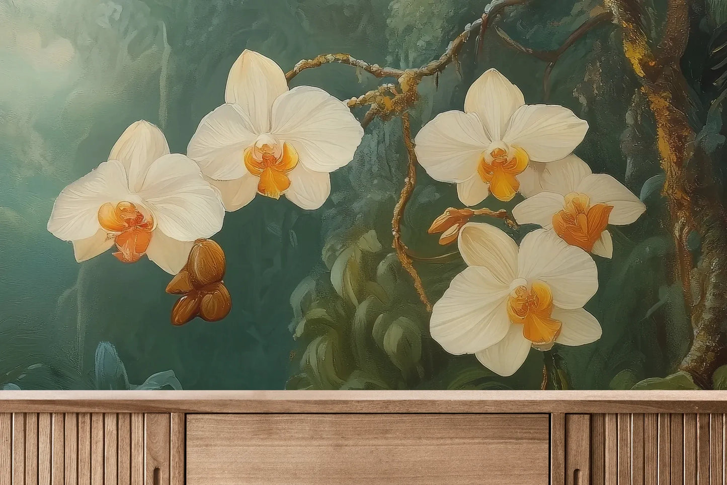 Fototapeta ORCHID LUMINANCE - tapeta z tropikalnymi kwiatami w mistycznym lesie pokazana w aranżacji wnętrza z akcentem na ścianie.