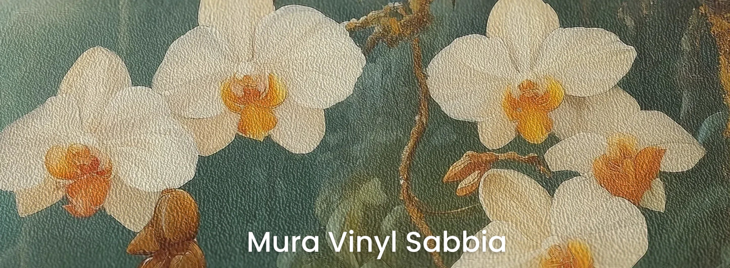 Zbliżenie na fototapetę ORCHID LUMINANCE - tapeta z tropikalnymi kwiatami w mistycznym lesie na podłożu o strukturze ziarna piasku.