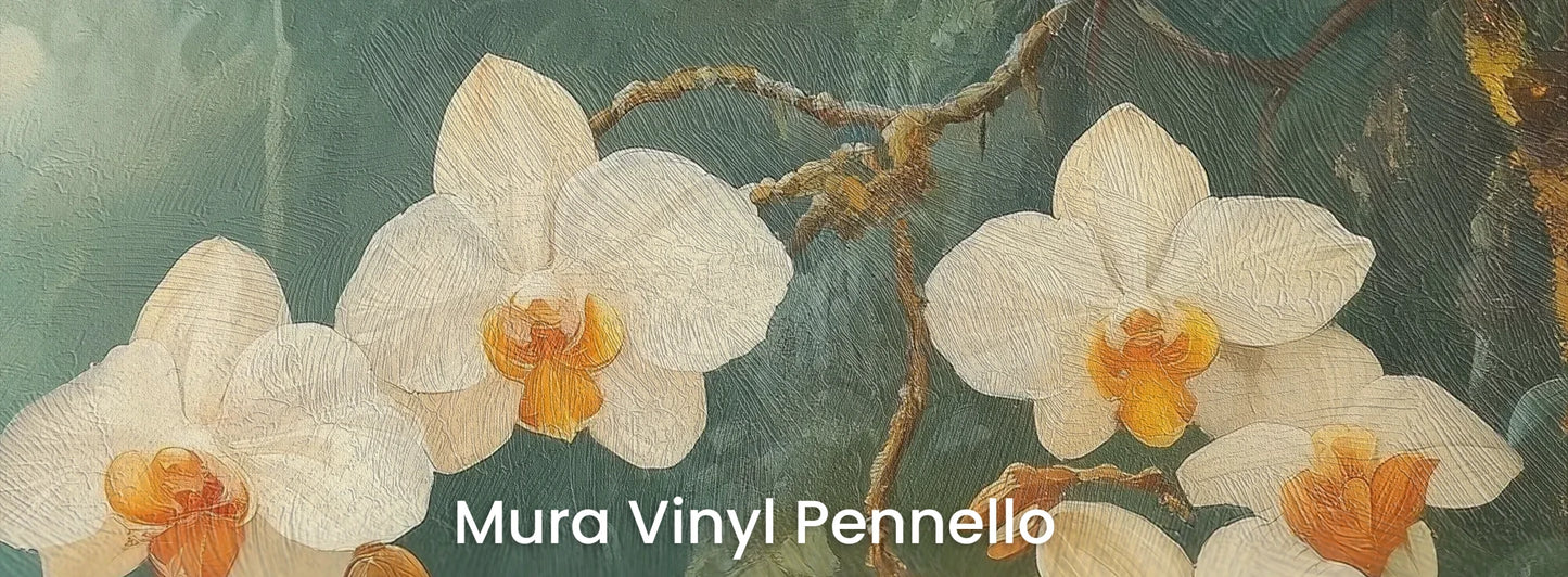 Zbliżenie na fototapetę ORCHID LUMINANCE - tapeta z tropikalnymi kwiatami w mistycznym lesie na podłożu o fakturze pociągnięć pędzla.
