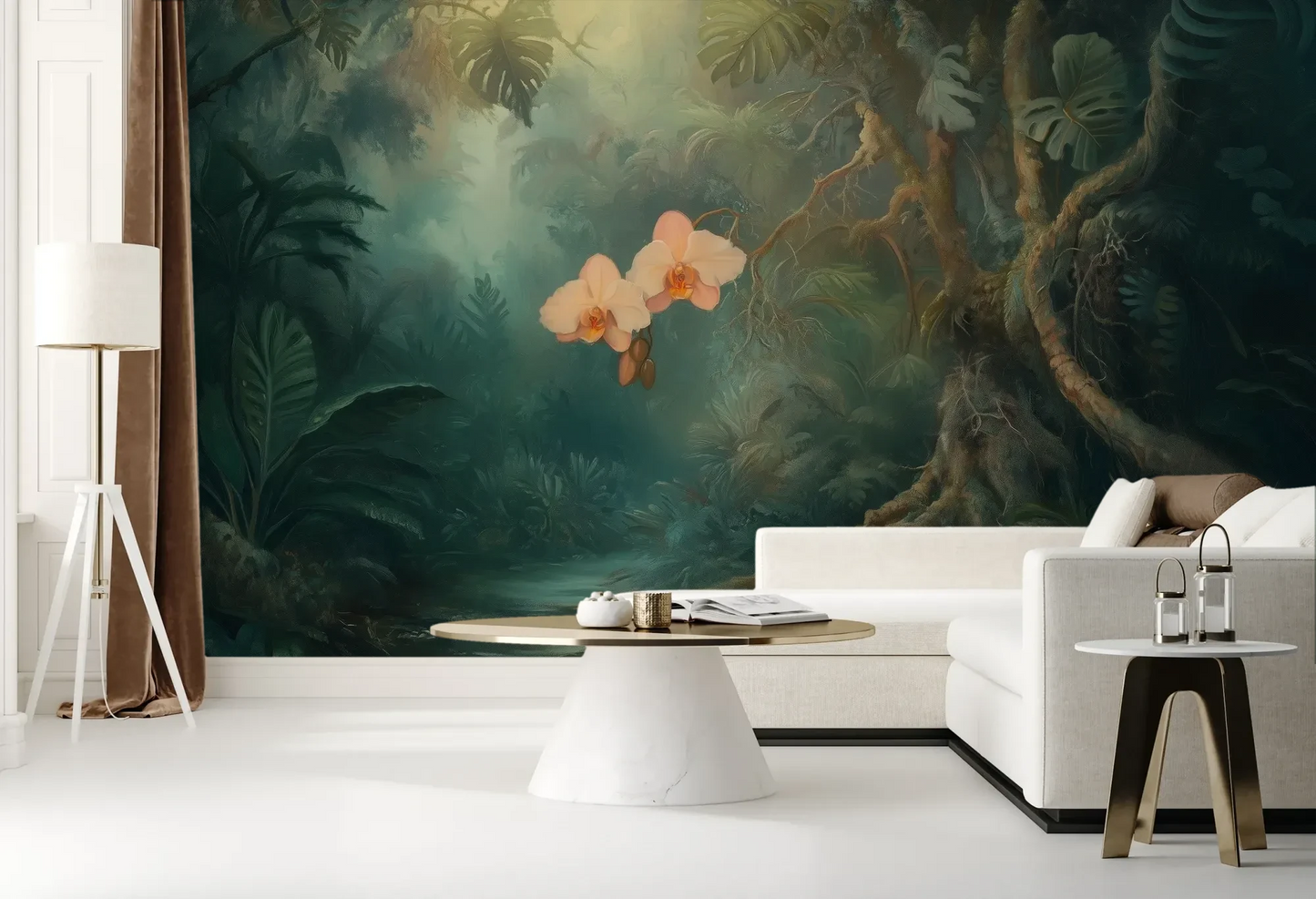 Wzór fototapety ORCHID LUMINESCENCE - tapeta z mistyczną dżunglą i delikatnymi kwiatami pokazanej w aranżacji salonu.