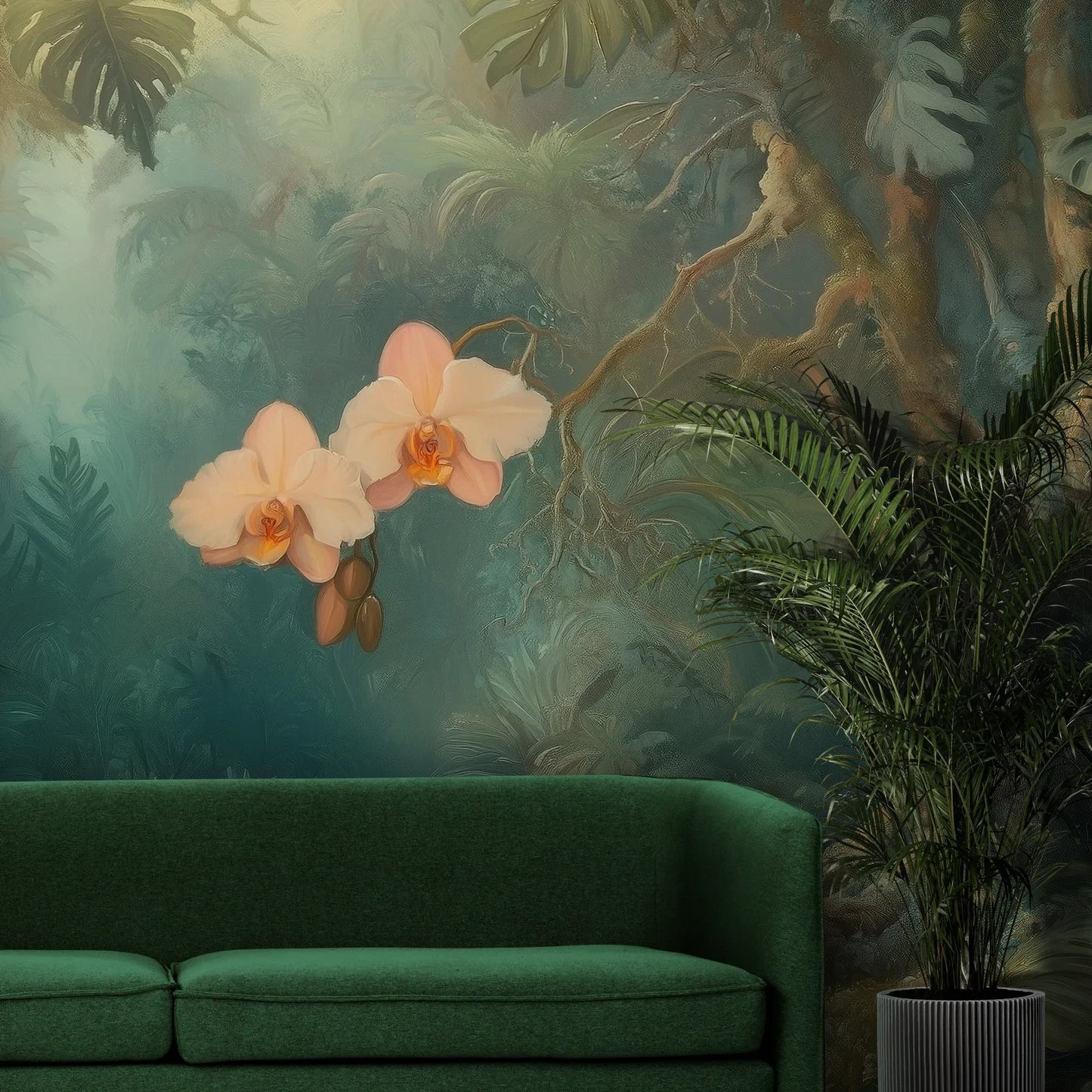 Fototapeta ORCHID LUMINESCENCE - tapeta z mistyczną dżunglą i delikatnymi kwiatami pokazana w aranżacji wnętrza z akcentem na ścianie.