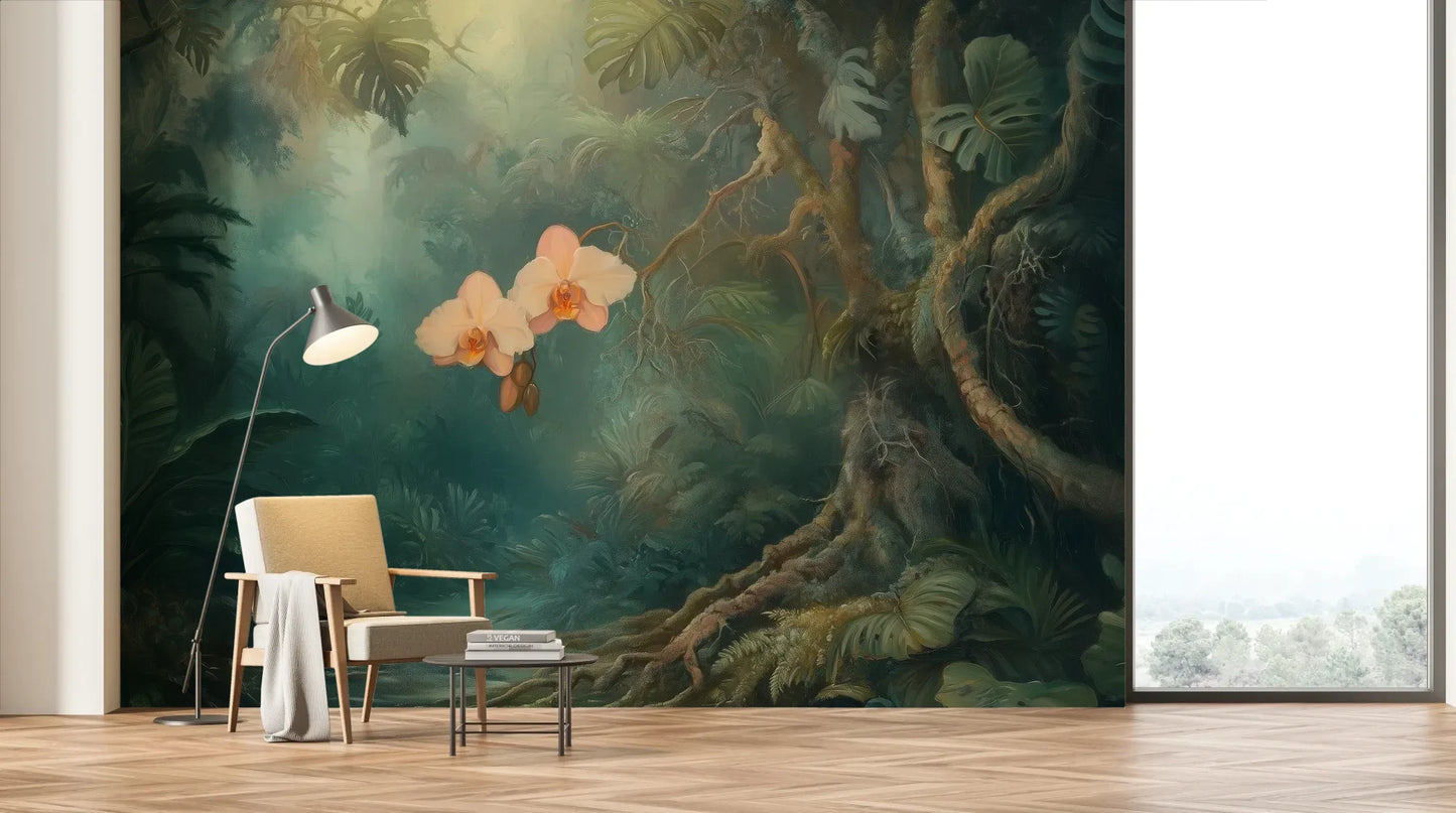 Wzór fototapety ORCHID LUMINESCENCE - tapeta z mistyczną dżunglą i delikatnymi kwiatami pokazanej w aranżacji salonu.