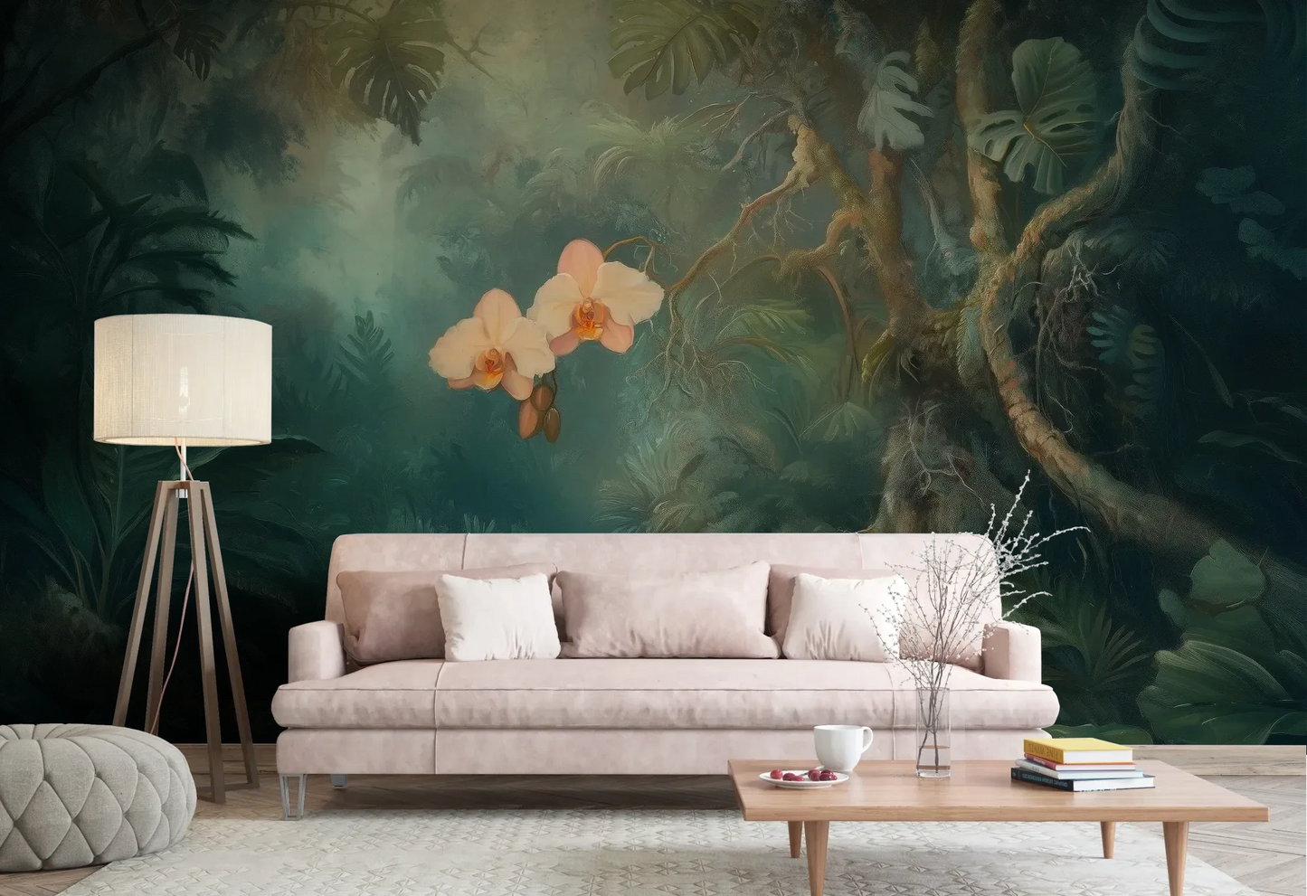 Wzór fototapety ORCHID LUMINESCENCE - tapeta z mistyczną dżunglą i delikatnymi kwiatami pokazanej w aranżacji salonu.