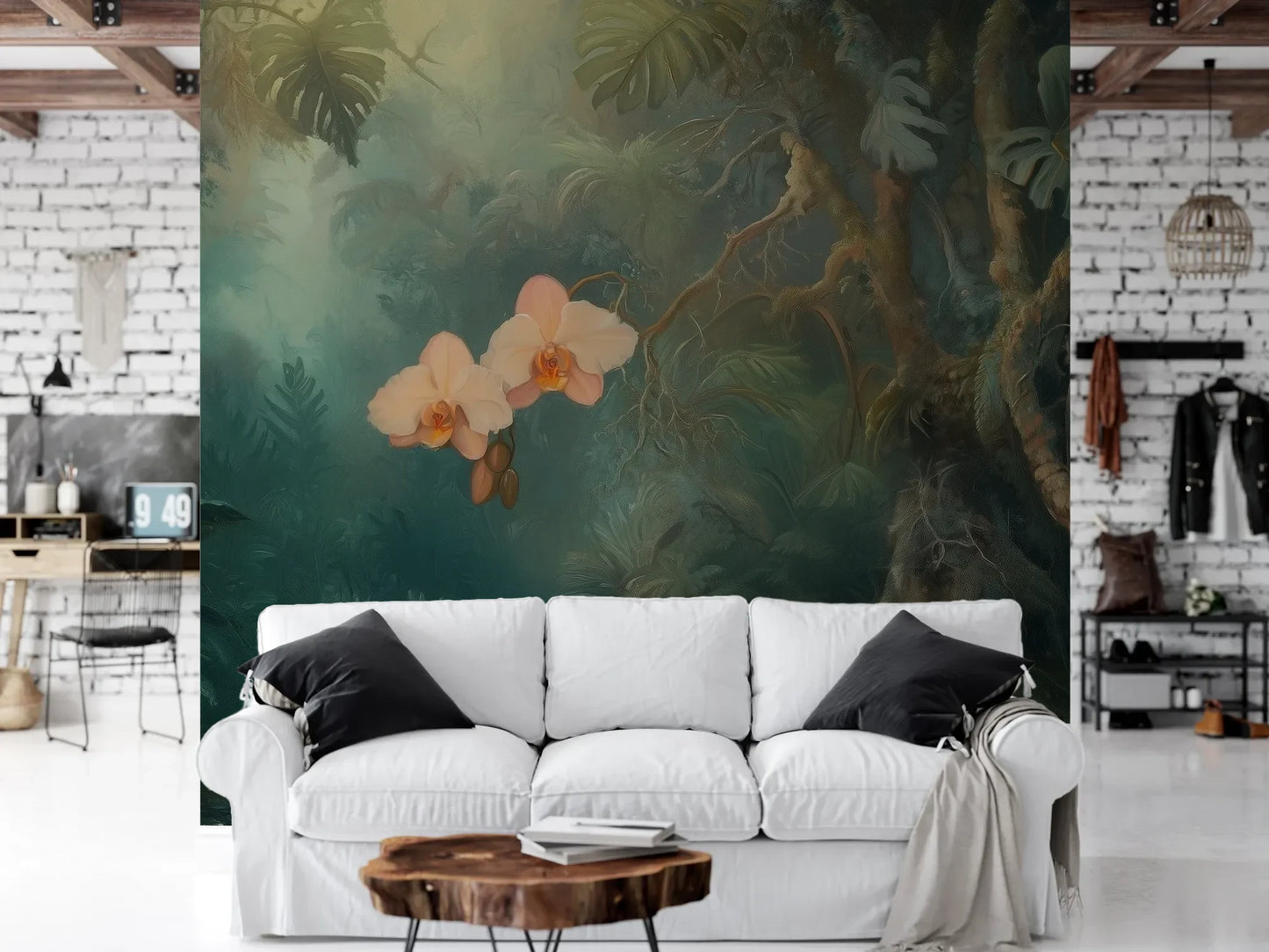 Wzór fototapety ORCHID LUMINESCENCE - tapeta z mistyczną dżunglą i delikatnymi kwiatami pokazanej w aranżacji salonu.