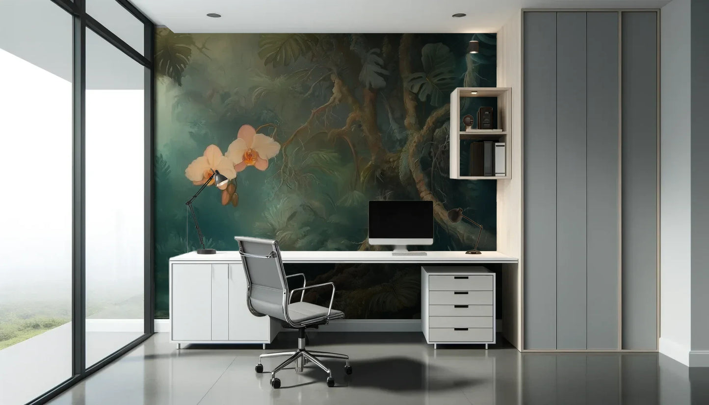 Fototapeta ORCHID LUMINESCENCE - tapeta z mistyczną dżunglą i delikatnymi kwiatami pokazana w aranżacji biura.