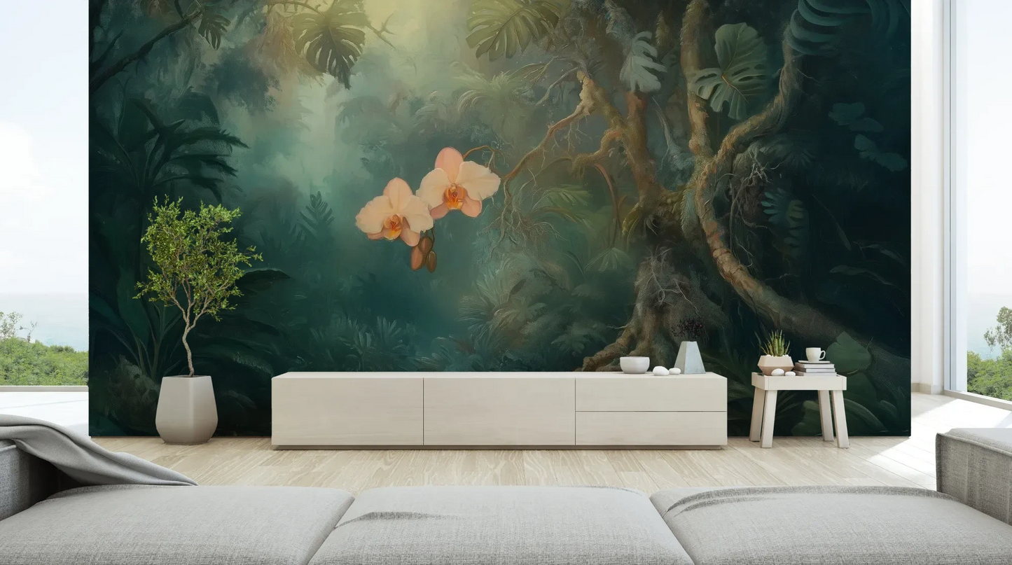 Wzór fototapety ORCHID LUMINESCENCE - tapeta z mistyczną dżunglą i delikatnymi kwiatami pokazanej w aranżacji salonu.