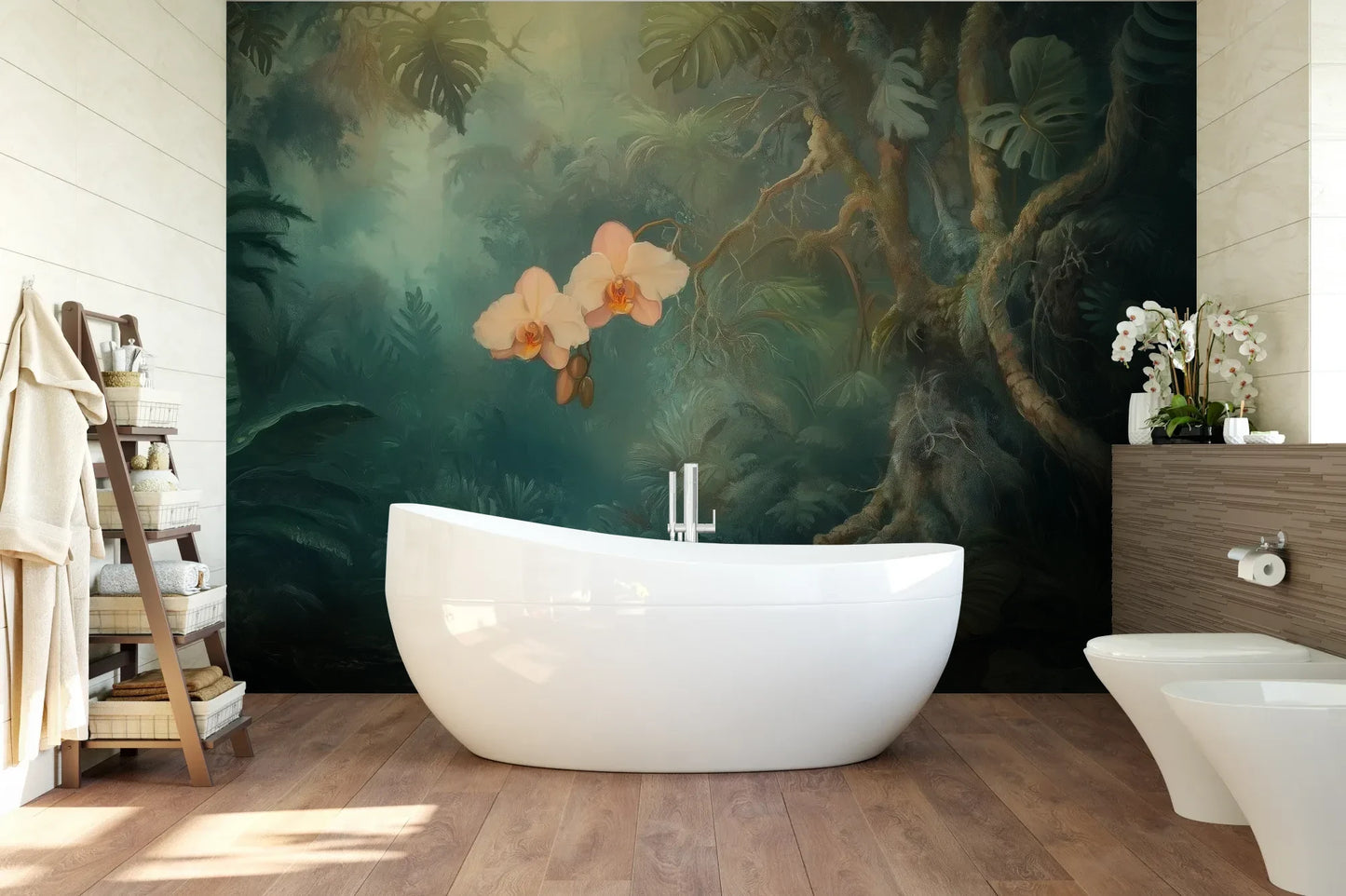 Wzór fototapety ORCHID LUMINESCENCE - tapeta z mistyczną dżunglą i delikatnymi kwiatami pokazanej w aranżacji łazienki.