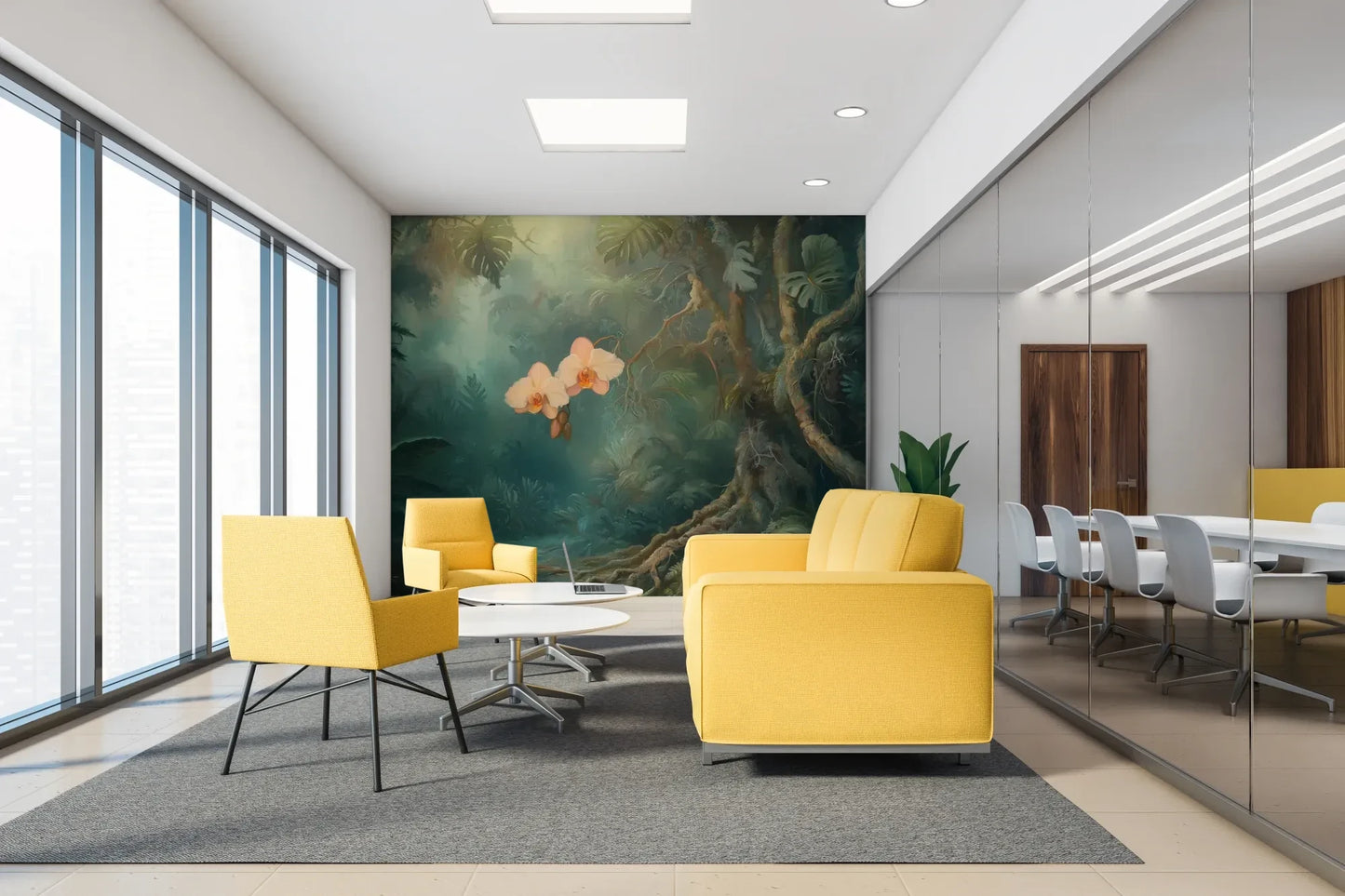 Fototapeta ORCHID LUMINESCENCE - tapeta z mistyczną dżunglą i delikatnymi kwiatami w aranżacji wnętrza.