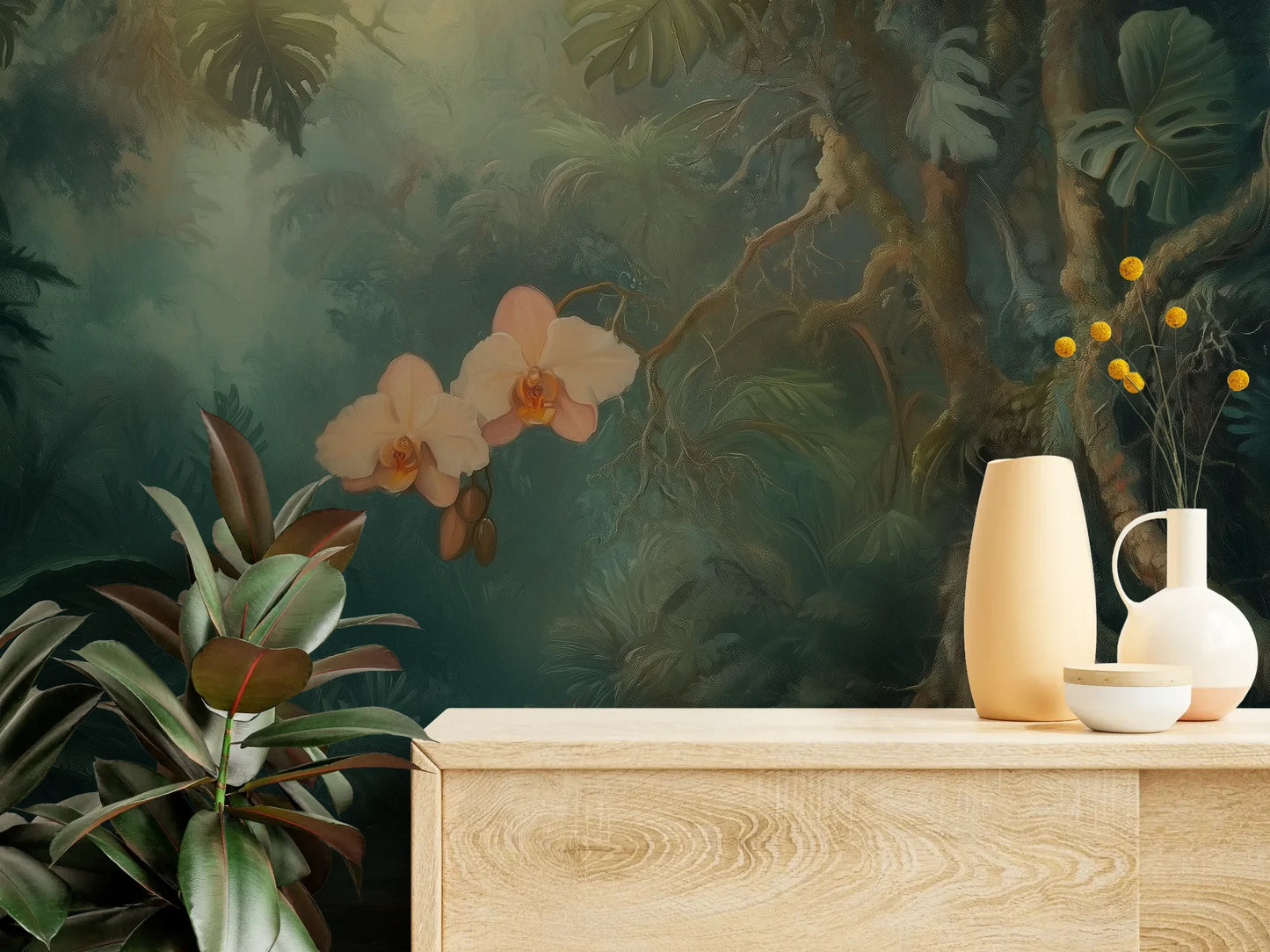Fototapeta ORCHID LUMINESCENCE - tapeta z mistyczną dżunglą i delikatnymi kwiatami pokazana w aranżacji wnętrza z akcentem na ścianie.