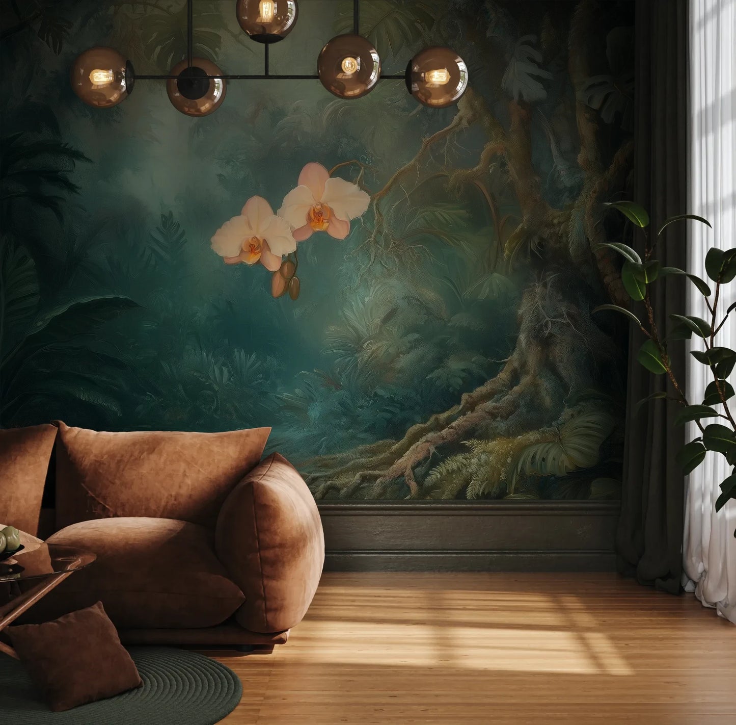 Fototapeta ORCHID LUMINESCENCE - tapeta z mistyczną dżunglą i delikatnymi kwiatami pokazana w aranżacji wnętrza z akcentem na ścianie.