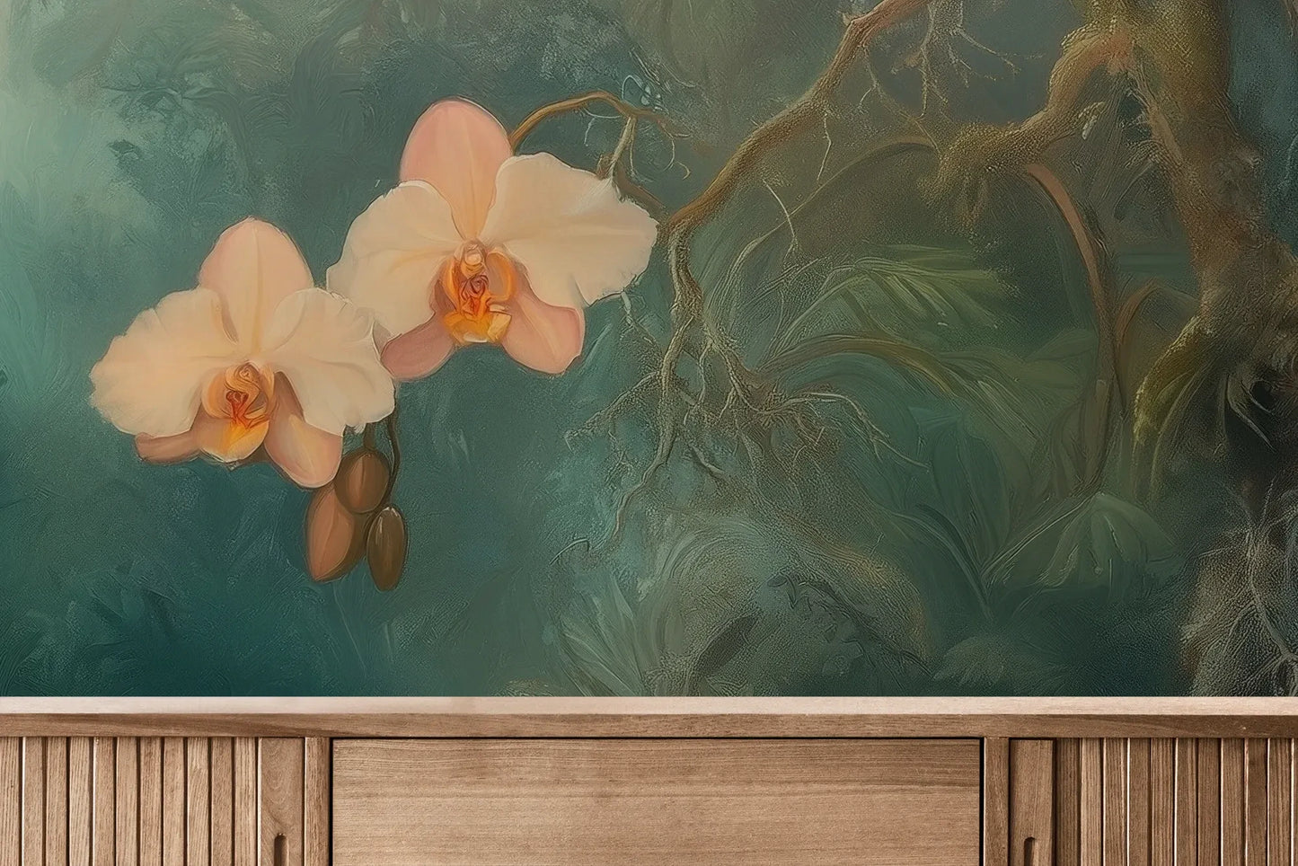 Fototapeta ORCHID LUMINESCENCE - tapeta z mistyczną dżunglą i delikatnymi kwiatami pokazana w aranżacji wnętrza z akcentem na ścianie.