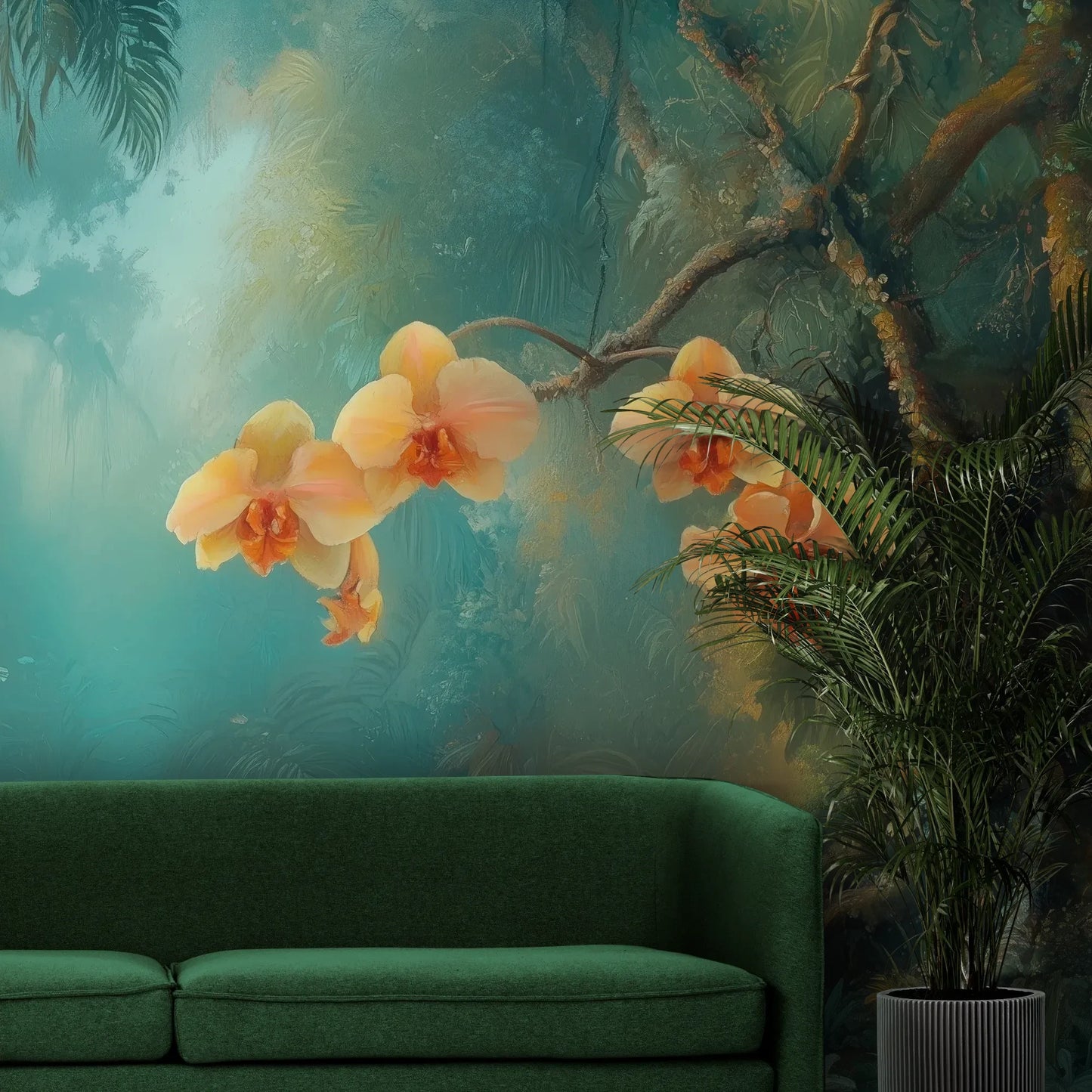 Fototapeta MYSTICAL ORCHIDS - tapeta z tropikalnymi kwiatami w turkusowej mgle pokazana w aranżacji wnętrza z akcentem na ścianie.