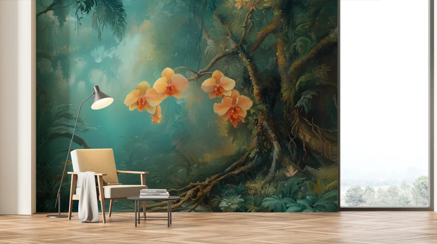 Wzór fototapety MYSTICAL ORCHIDS - tapeta z tropikalnymi kwiatami w turkusowej mgle pokazanej w aranżacji salonu.