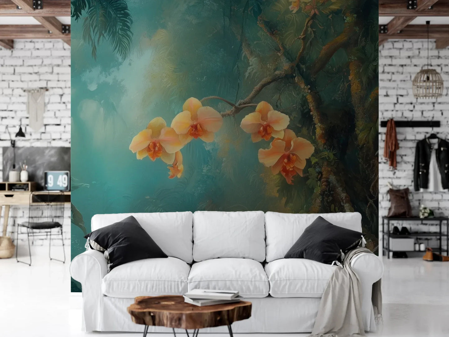 Wzór fototapety MYSTICAL ORCHIDS - tapeta z tropikalnymi kwiatami w turkusowej mgle pokazanej w aranżacji salonu.
