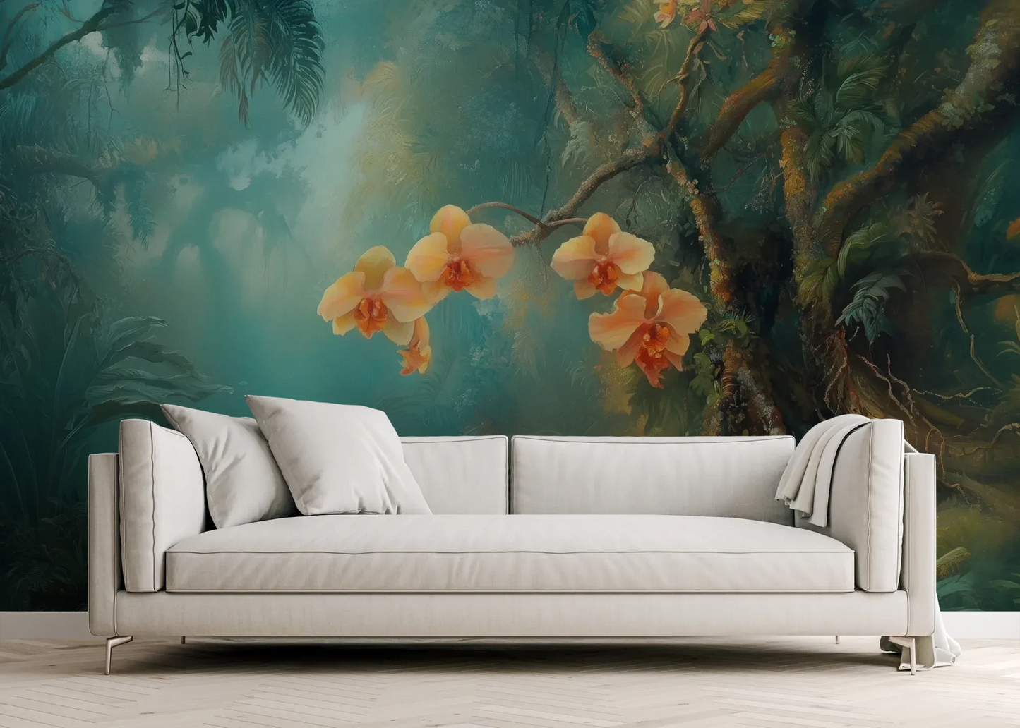 Wzór fototapety MYSTICAL ORCHIDS - tapeta z tropikalnymi kwiatami w turkusowej mgle pokazanej w aranżacji salonu.