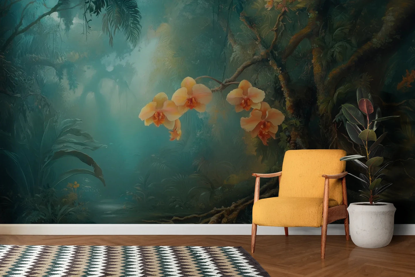 Wzór fototapety MYSTICAL ORCHIDS - tapeta z tropikalnymi kwiatami w turkusowej mgle pokazanej w aranżacji salonu.