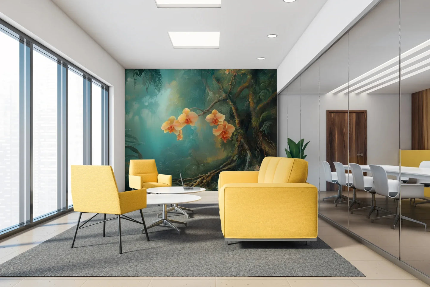 Fototapeta MYSTICAL ORCHIDS - tapeta z tropikalnymi kwiatami w turkusowej mgle w aranżacji wnętrza.