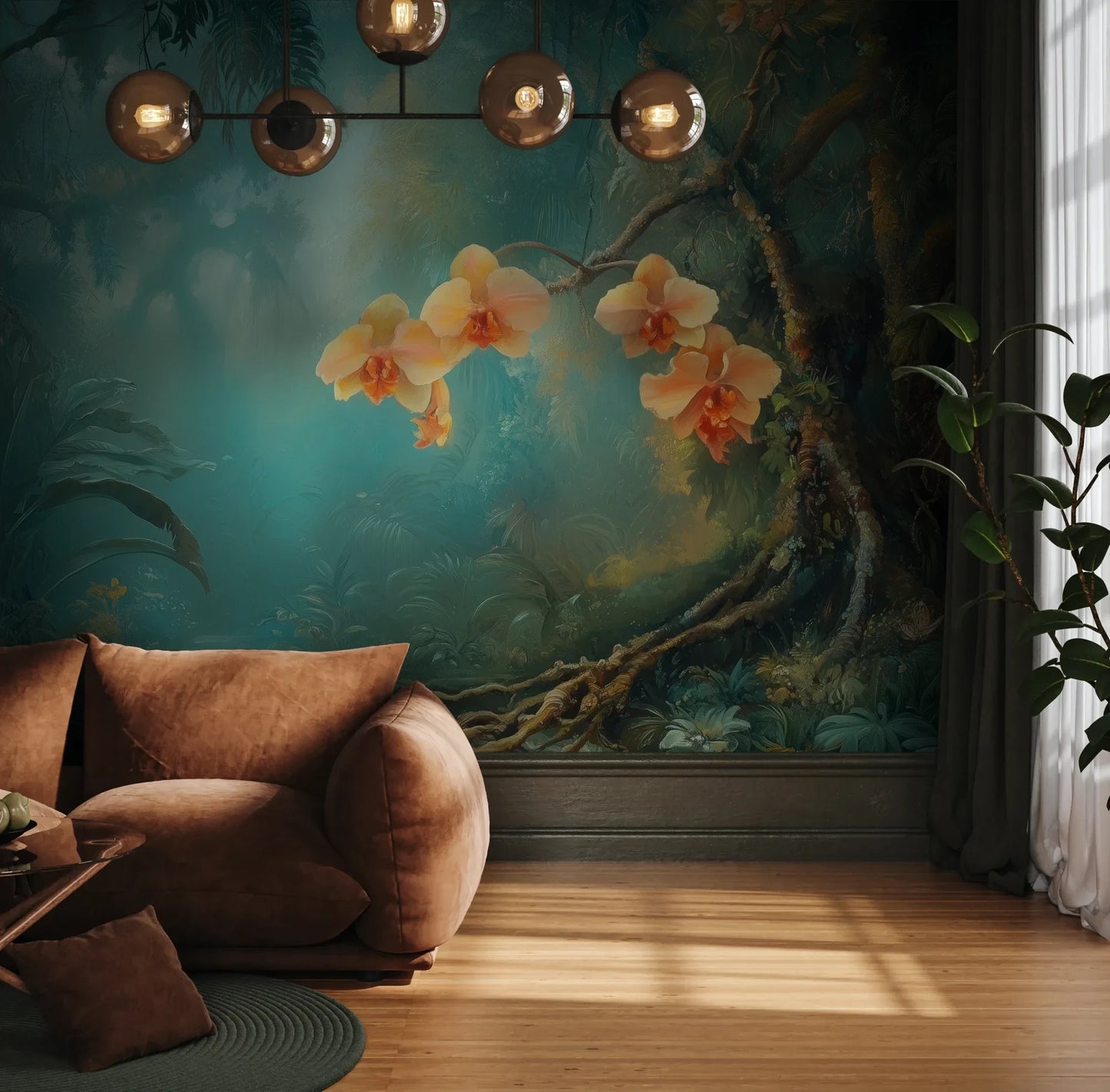 Fototapeta MYSTICAL ORCHIDS - tapeta z tropikalnymi kwiatami w turkusowej mgle pokazana w aranżacji wnętrza z akcentem na ścianie.
