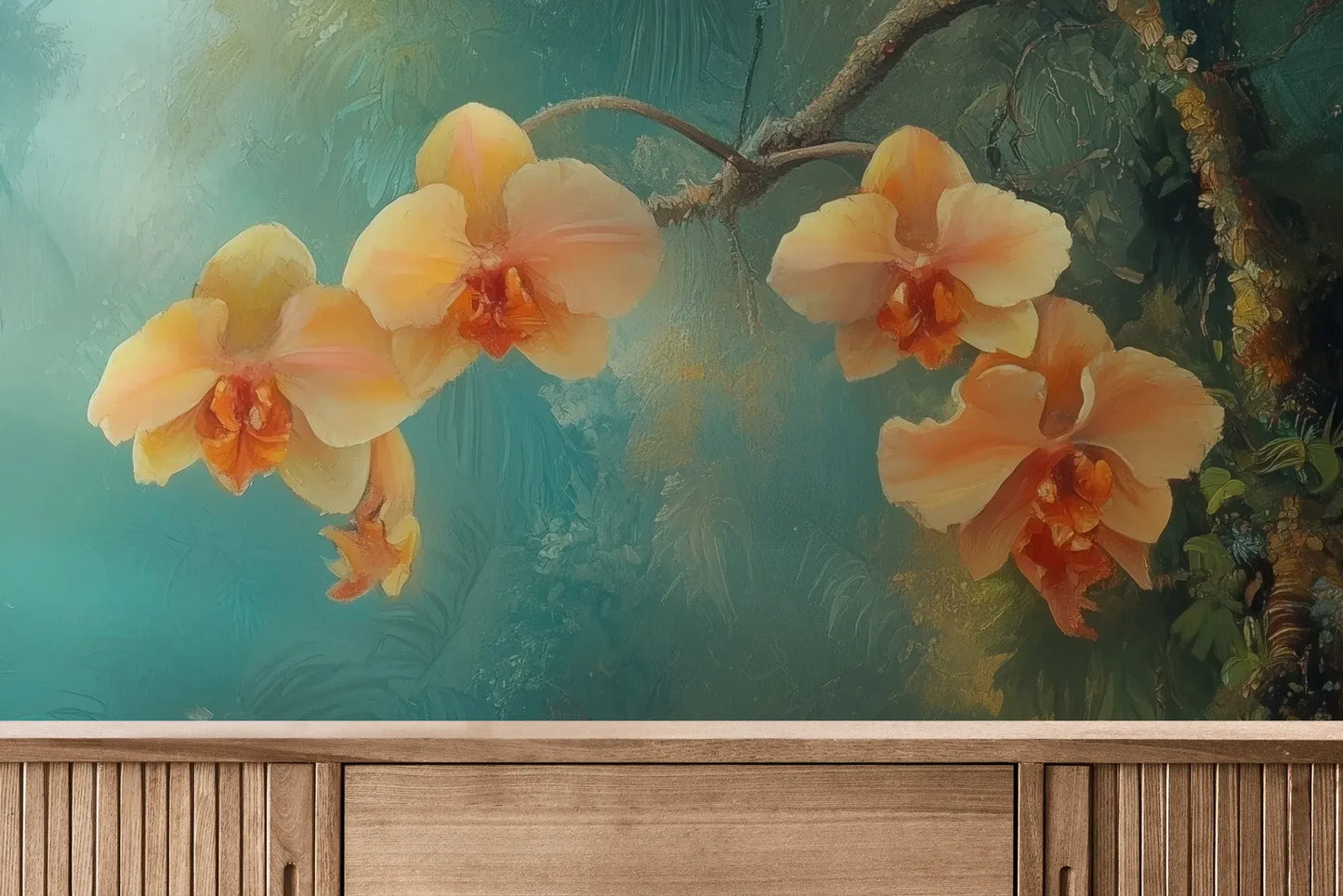 Fototapeta MYSTICAL ORCHIDS - tapeta z tropikalnymi kwiatami w turkusowej mgle pokazana w aranżacji wnętrza z akcentem na ścianie.