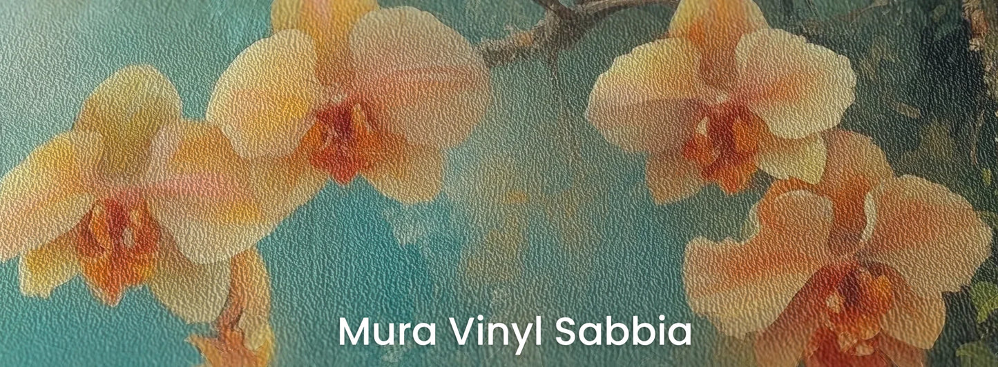 Zbliżenie na fototapetę MYSTICAL ORCHIDS - tapeta z tropikalnymi kwiatami w turkusowej mgle na podłożu o strukturze ziarna piasku.
