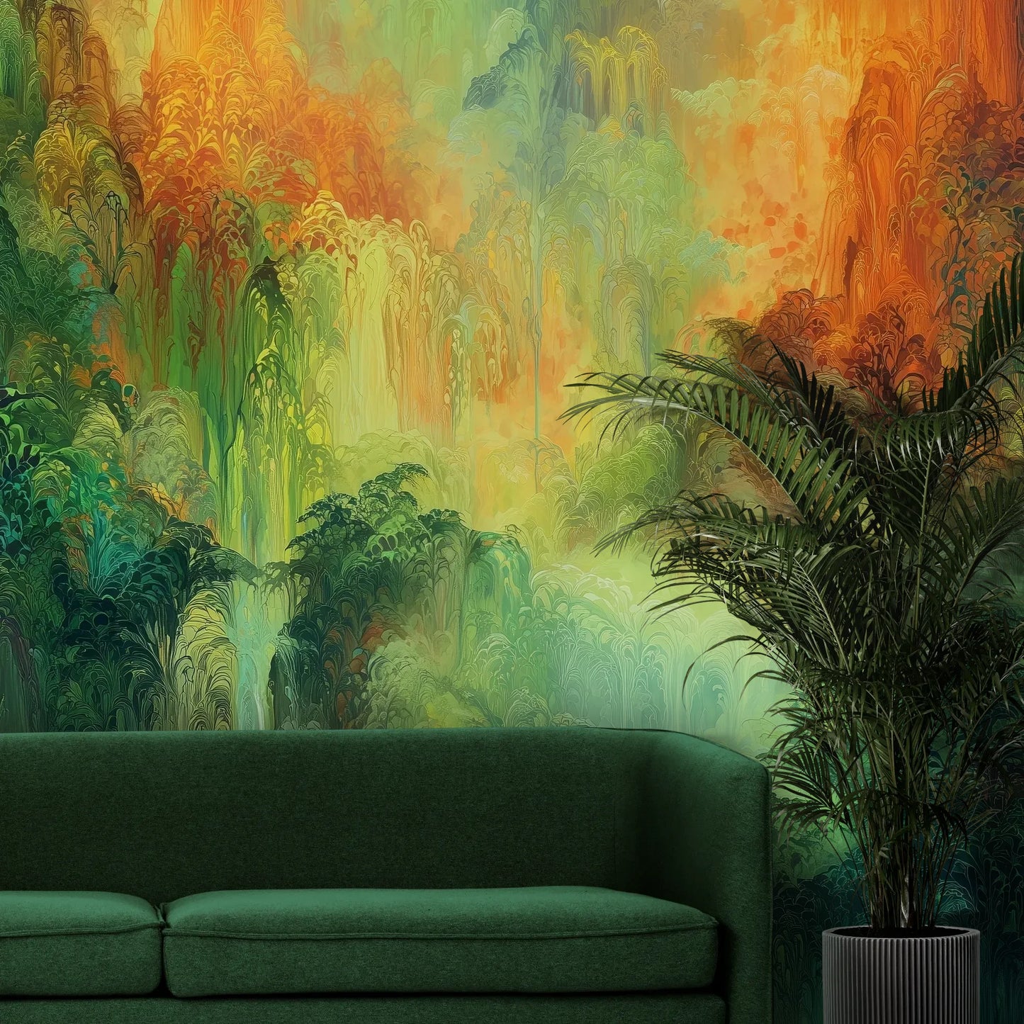 Fototapeta ETHEREAL AURORA - tapeta z abstrakcyjnym lasem w zielonych i pomarańczowych barwach pokazana w aranżacji wnętrza z akcentem na ścianie.