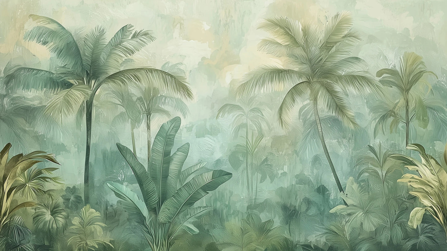 Prezentacja całego wzoru fototapety o nazwie MIST GARDEN - tapeta z tropikalną dżunglą w pastelowych odcieniach