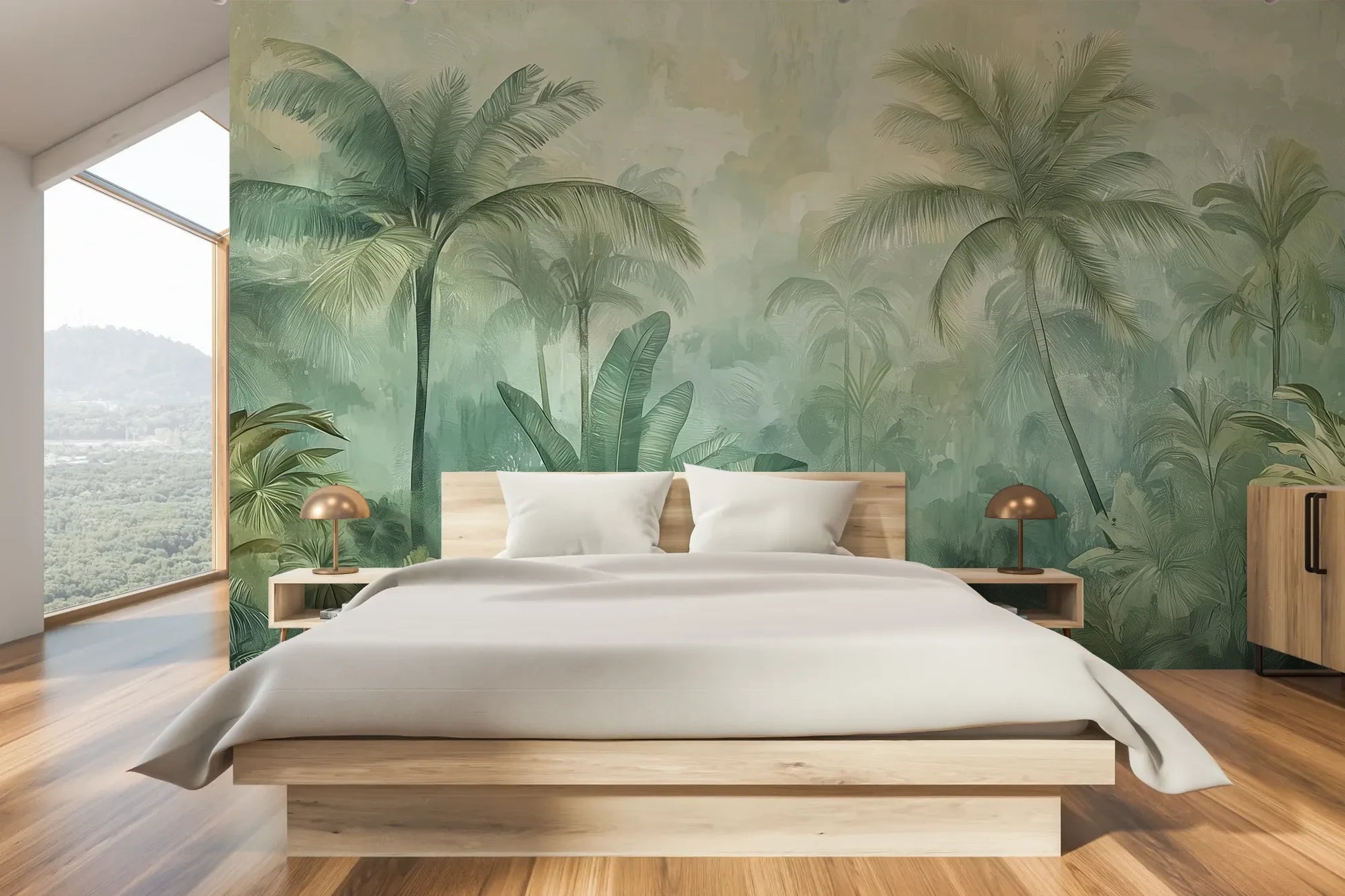 Wzór fototapety MIST GARDEN - tapeta z tropikalną dżunglą w pastelowych odcieniach pokazanej w aranżacji sypialni.