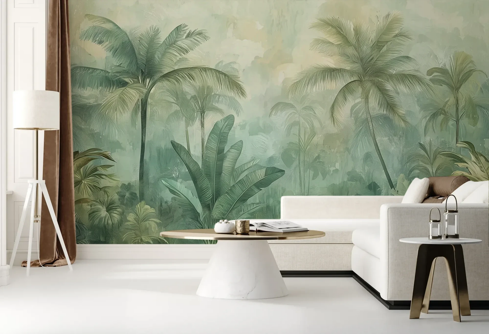 Wzór fototapety MIST GARDEN - tapeta z tropikalną dżunglą w pastelowych odcieniach pokazanej w aranżacji salonu.