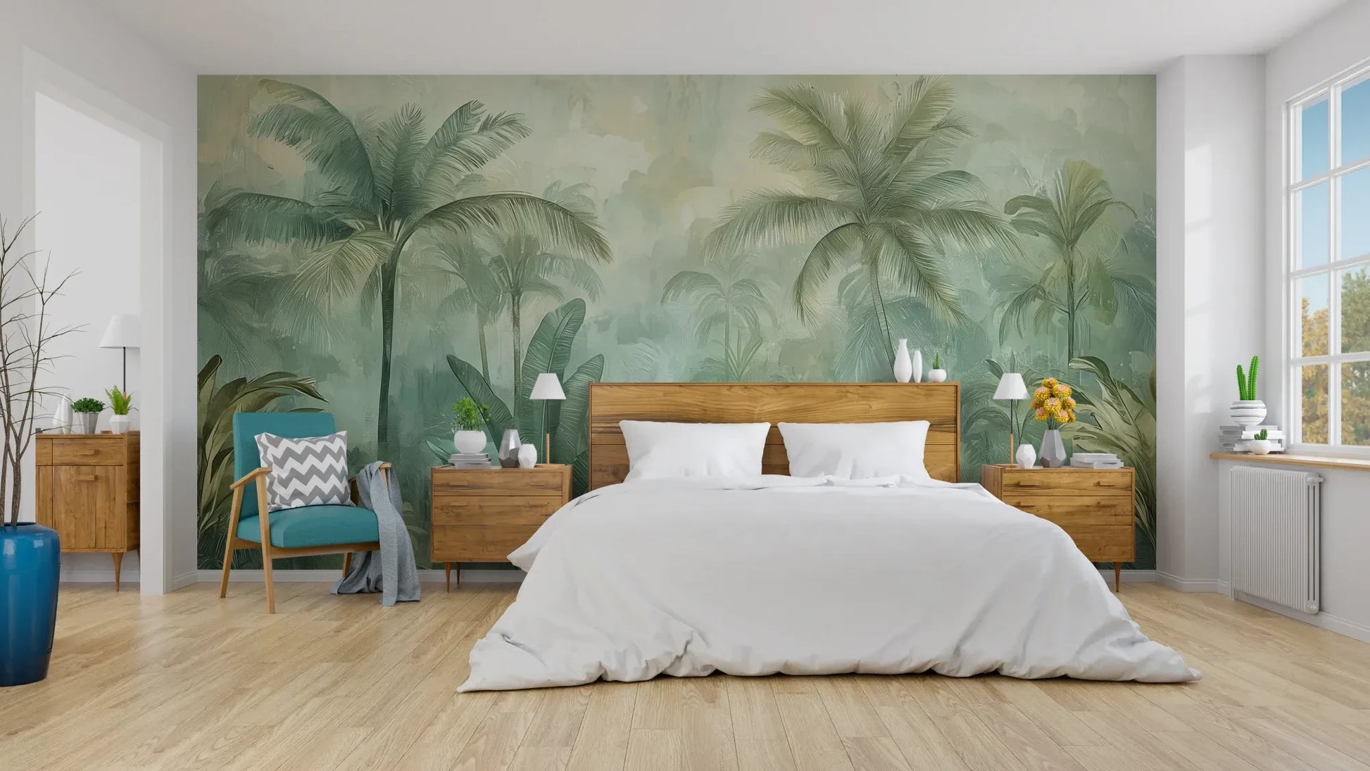 Wzór fototapety MIST GARDEN - tapeta z tropikalną dżunglą w pastelowych odcieniach pokazanej w aranżacji sypialni.