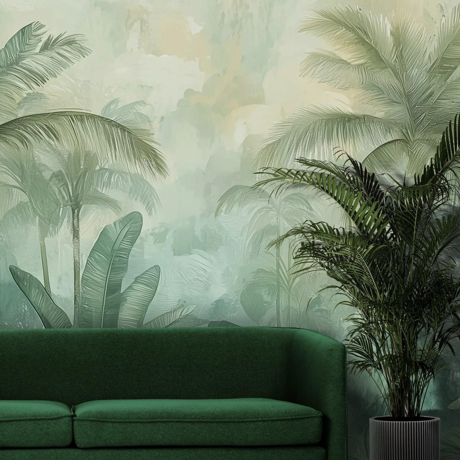 Fototapeta MIST GARDEN - tapeta z tropikalną dżunglą w pastelowych odcieniach pokazana w aranżacji wnętrza z akcentem na ścianie.