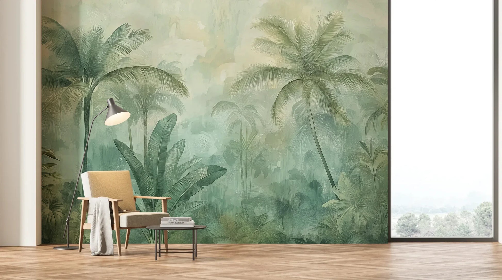 Wzór fototapety MIST GARDEN - tapeta z tropikalną dżunglą w pastelowych odcieniach pokazanej w aranżacji salonu.