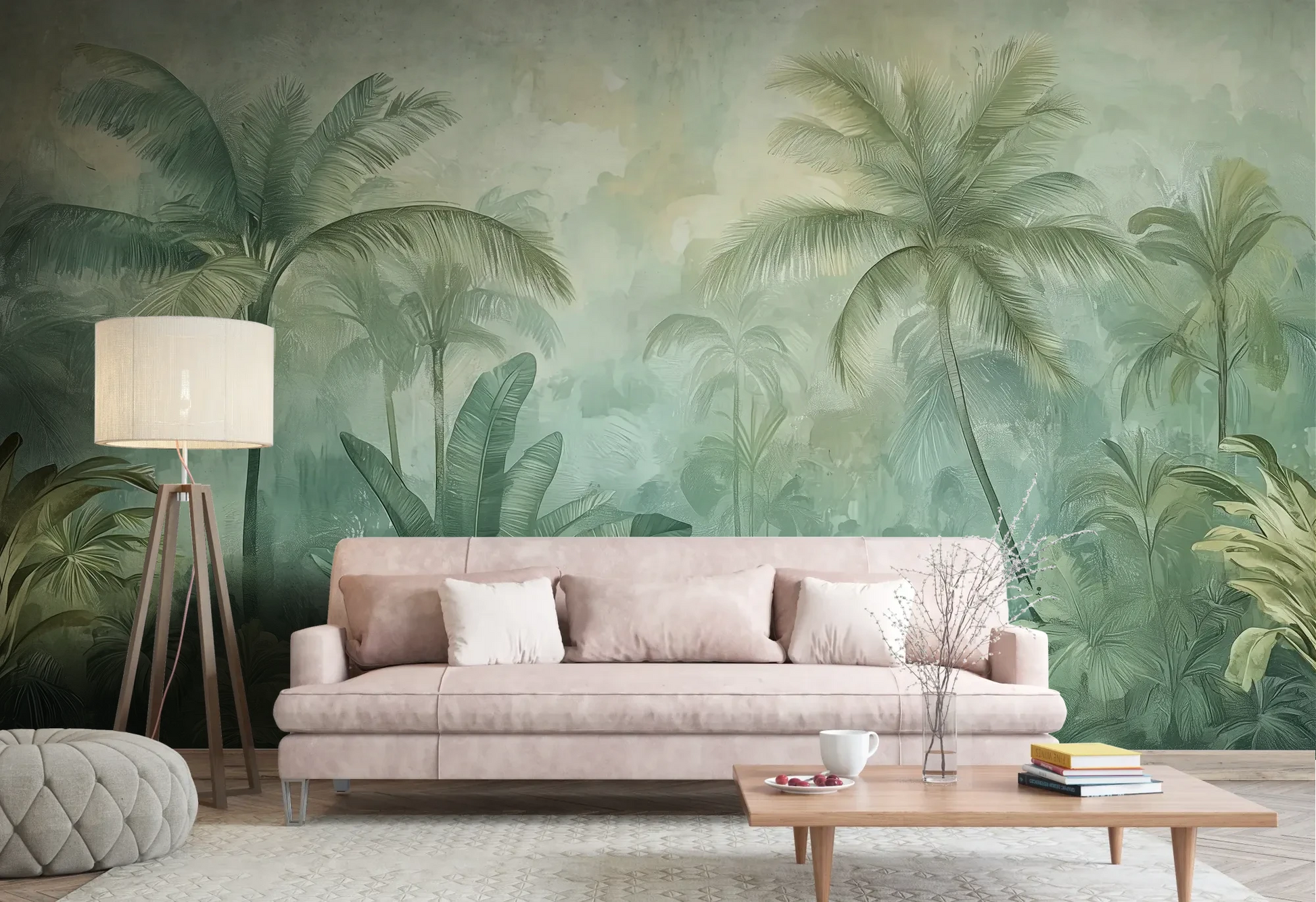 Wzór fototapety MIST GARDEN - tapeta z tropikalną dżunglą w pastelowych odcieniach pokazanej w aranżacji salonu.