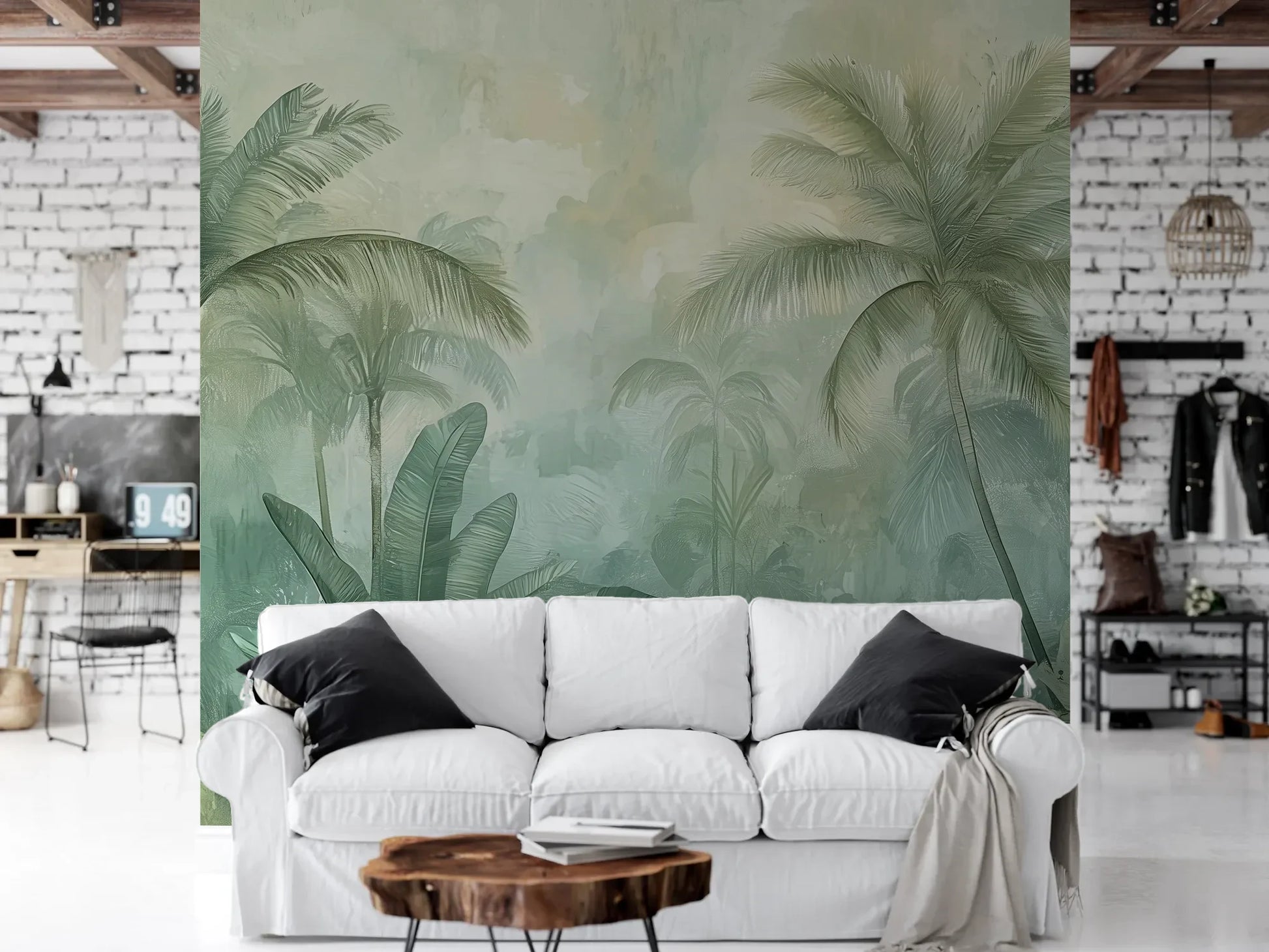 Wzór fototapety MIST GARDEN - tapeta z tropikalną dżunglą w pastelowych odcieniach pokazanej w aranżacji salonu.