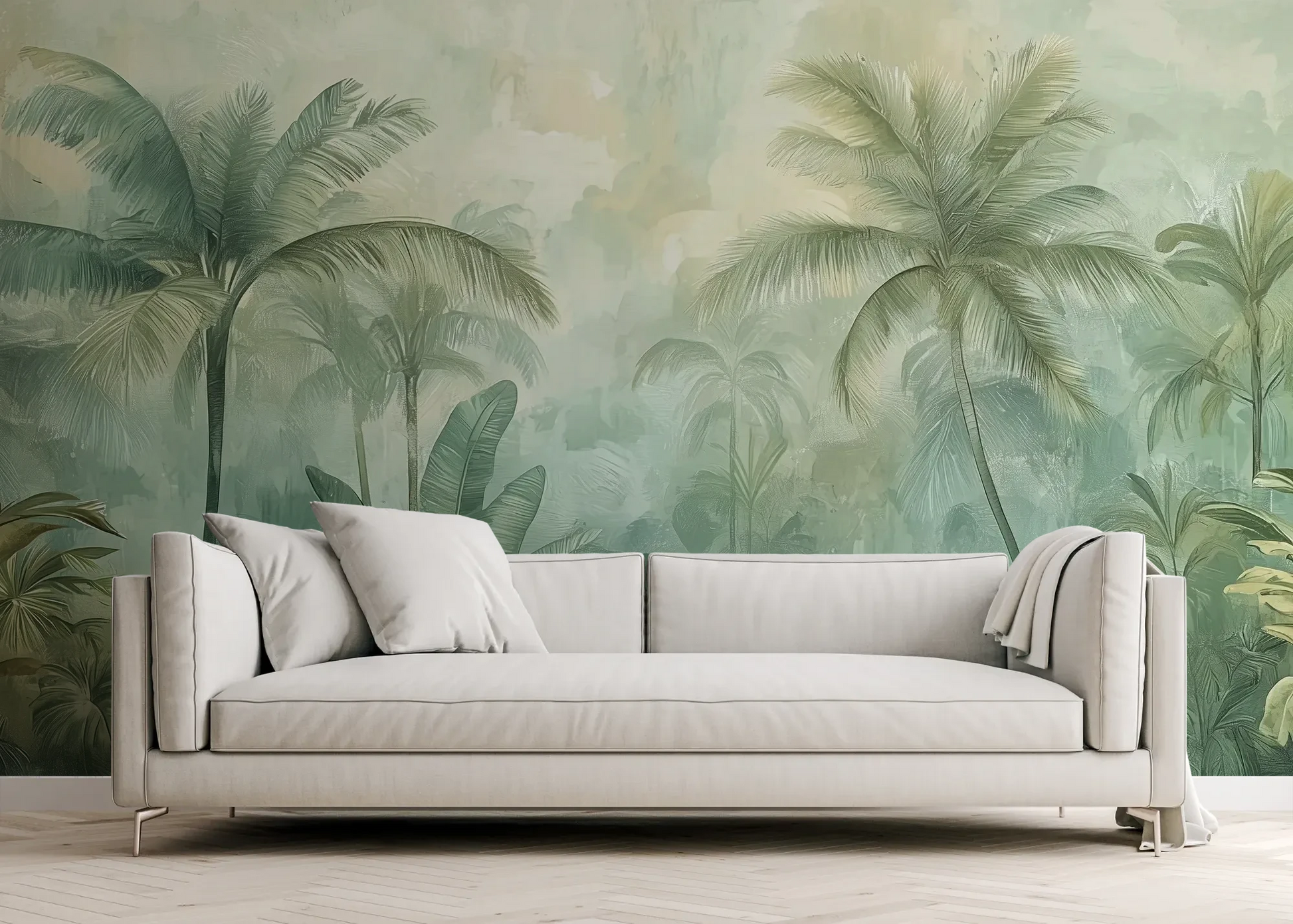 Wzór fototapety MIST GARDEN - tapeta z tropikalną dżunglą w pastelowych odcieniach pokazanej w aranżacji salonu.