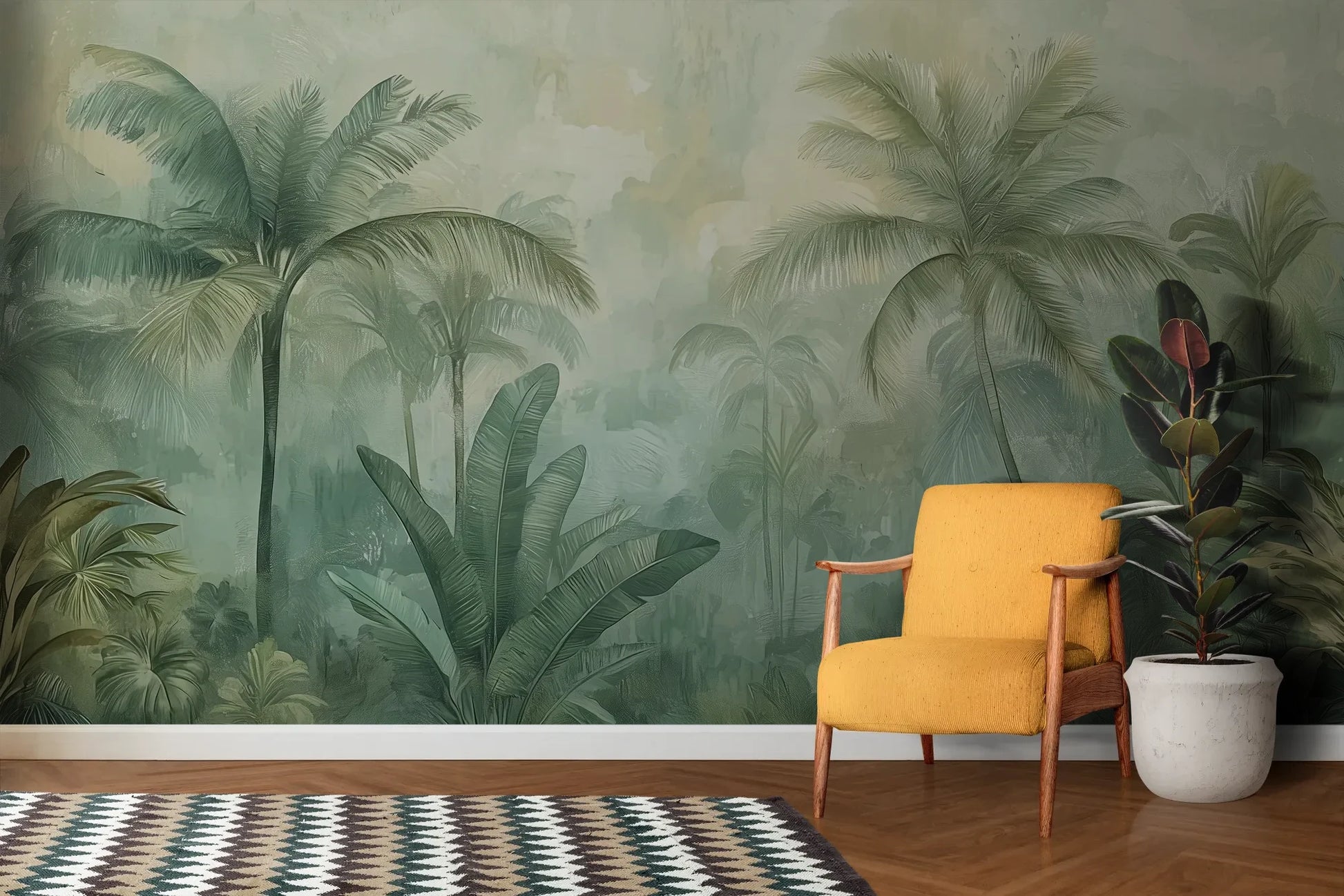 Wzór fototapety MIST GARDEN - tapeta z tropikalną dżunglą w pastelowych odcieniach pokazanej w aranżacji salonu.