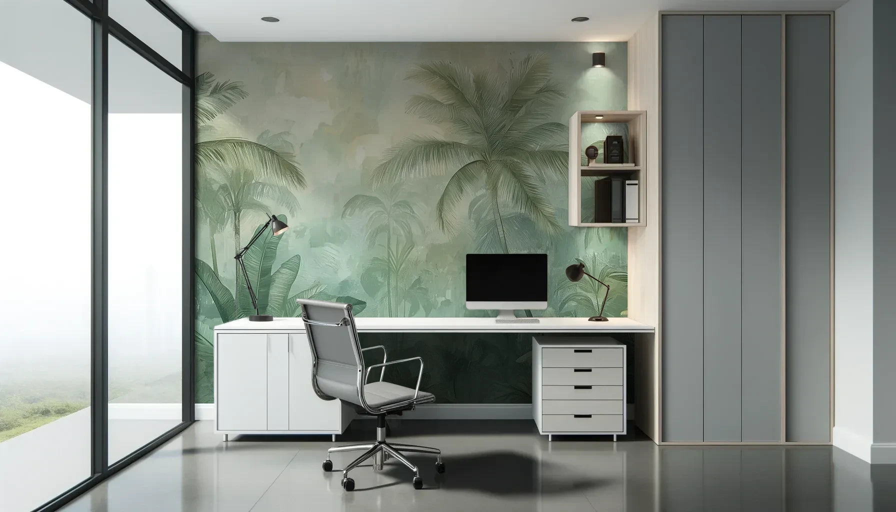 Fototapeta MIST GARDEN - tapeta z tropikalną dżunglą w pastelowych odcieniach pokazana w aranżacji biura.