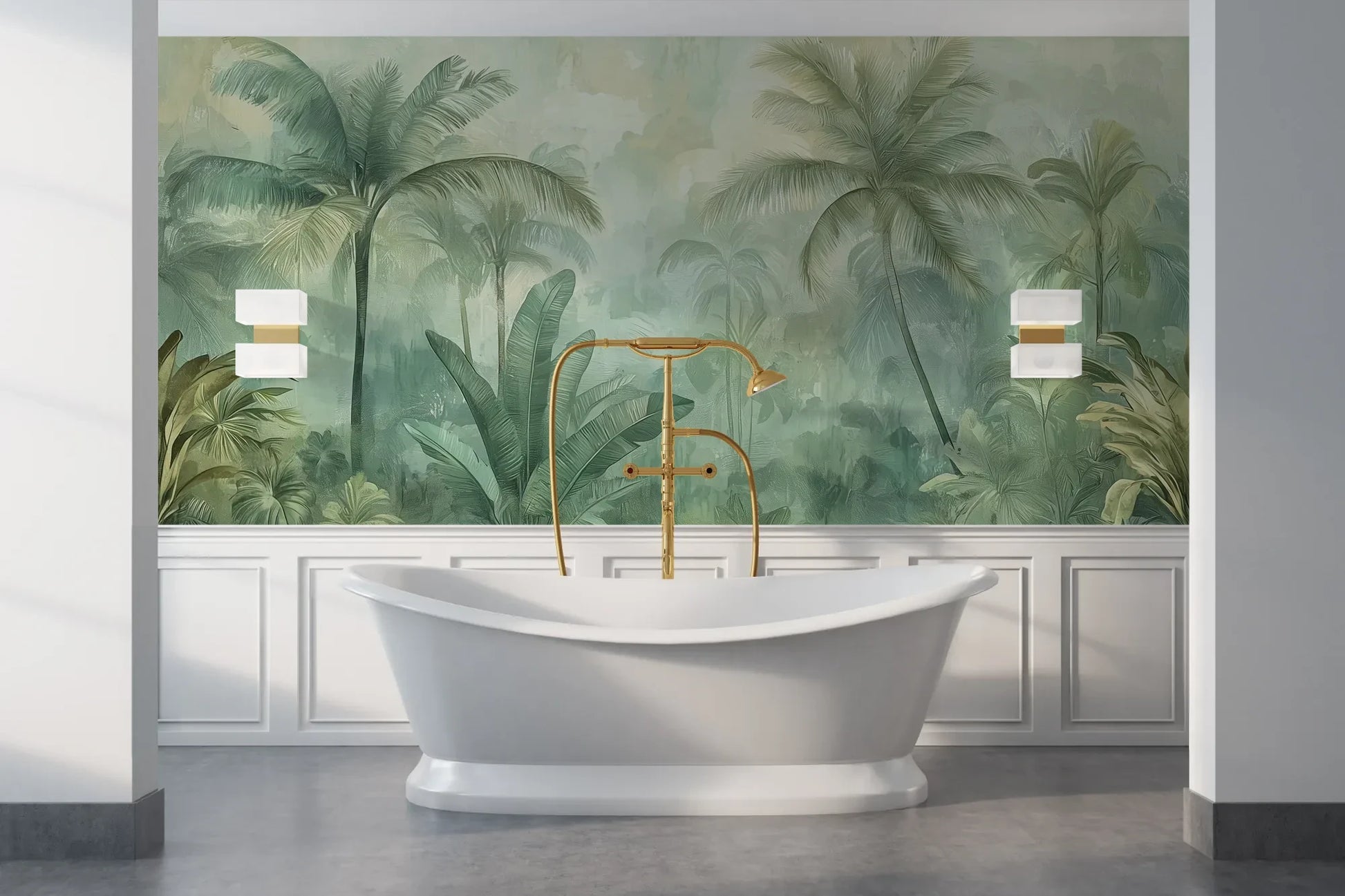 Wzór fototapety MIST GARDEN - tapeta z tropikalną dżunglą w pastelowych odcieniach pokazanej w aranżacji łazienki.