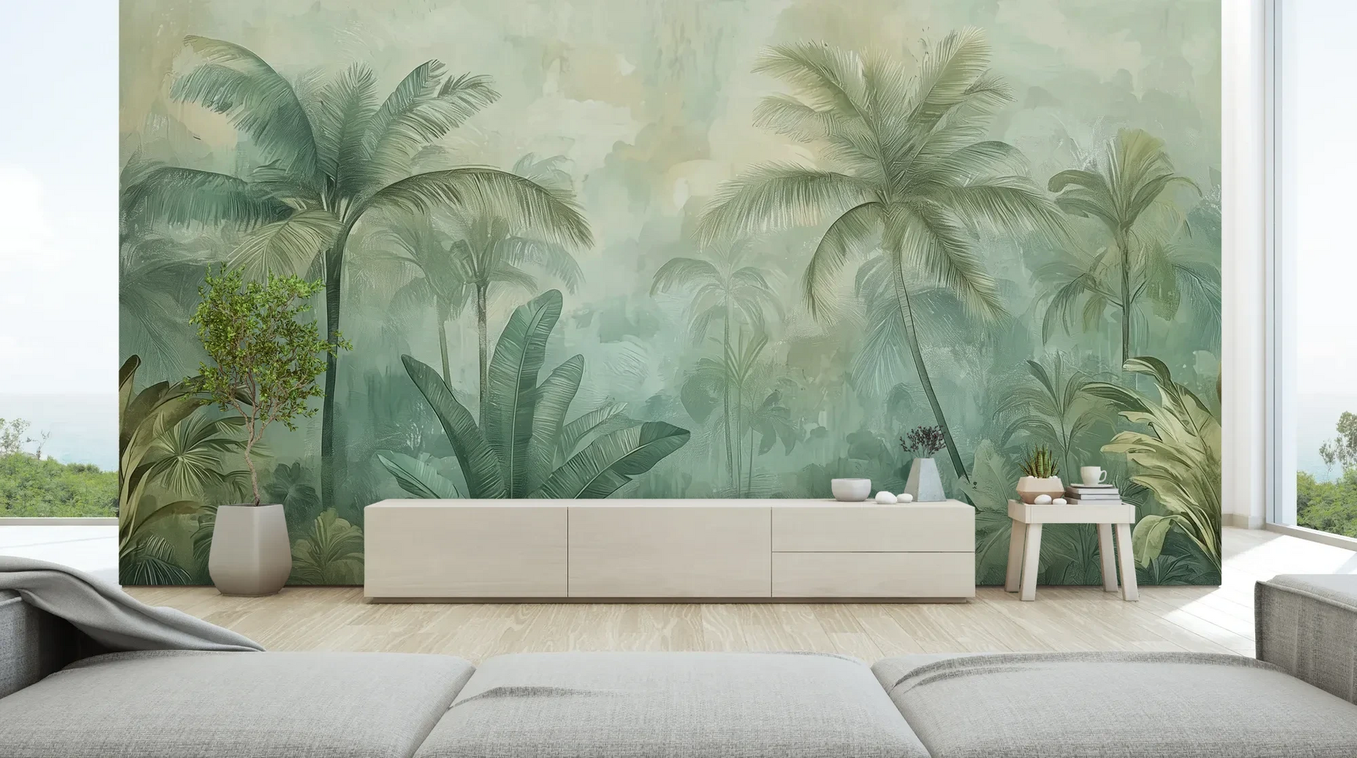 Wzór fototapety MIST GARDEN - tapeta z tropikalną dżunglą w pastelowych odcieniach pokazanej w aranżacji salonu.