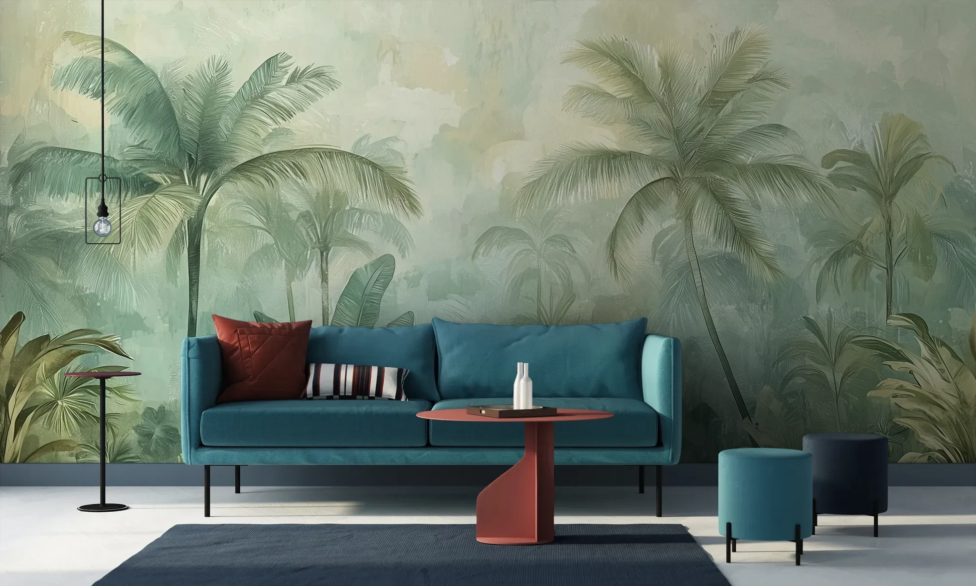 Wzór fototapety MIST GARDEN - tapeta z tropikalną dżunglą w pastelowych odcieniach pokazanej w aranżacji salonu.
