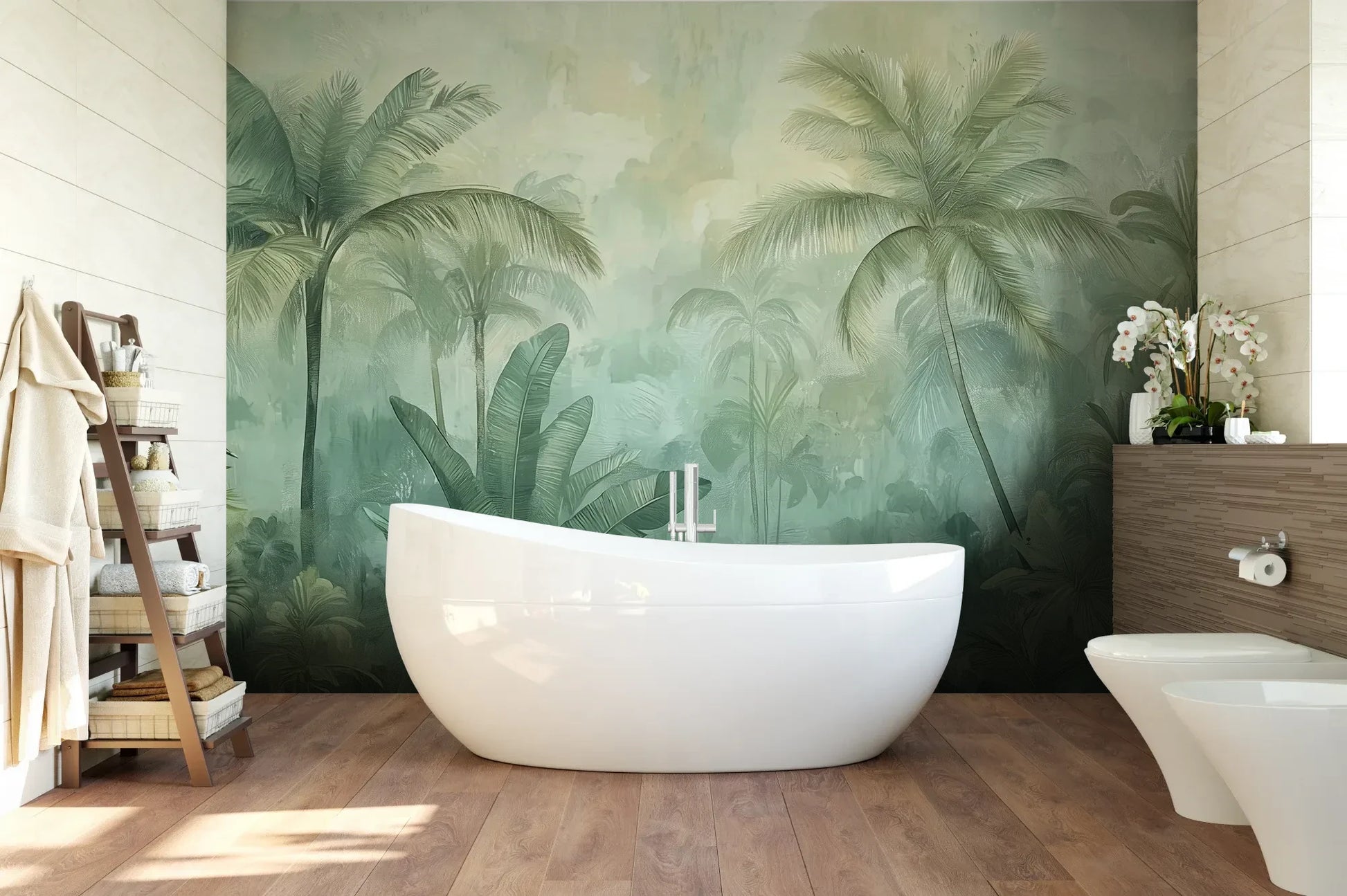 Wzór fototapety MIST GARDEN - tapeta z tropikalną dżunglą w pastelowych odcieniach pokazanej w aranżacji łazienki.