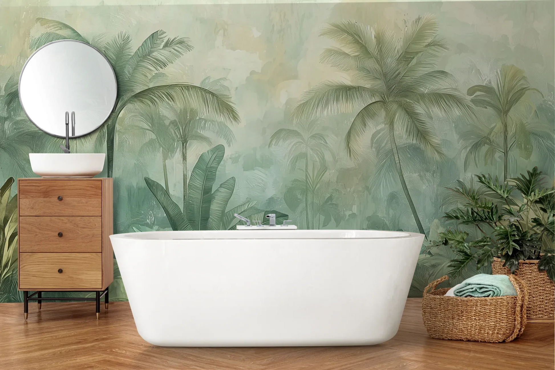 Wzór fototapety MIST GARDEN - tapeta z tropikalną dżunglą w pastelowych odcieniach pokazanej w aranżacji łazienki.