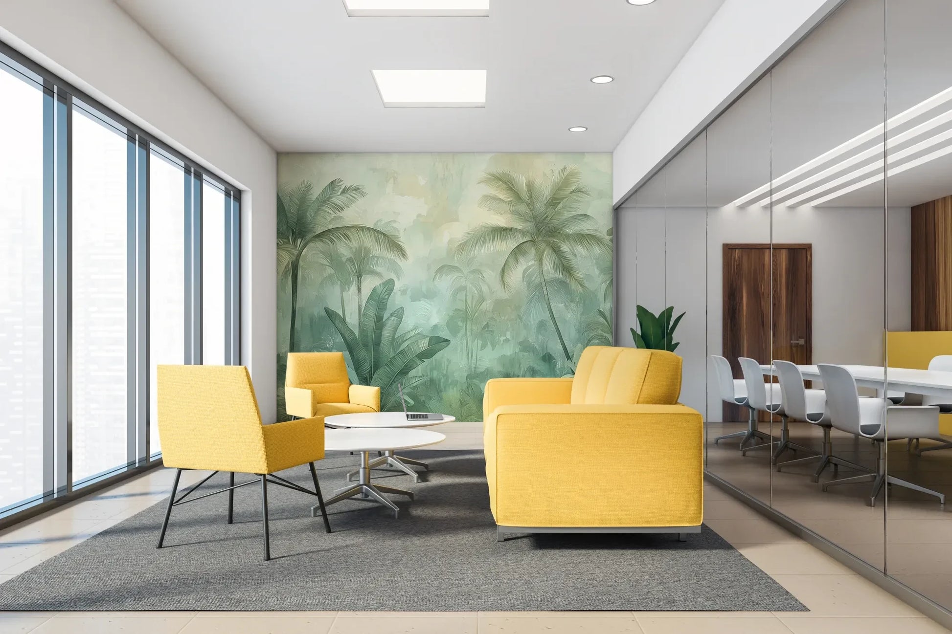 Fototapeta MIST GARDEN - tapeta z tropikalną dżunglą w pastelowych odcieniach w aranżacji wnętrza.