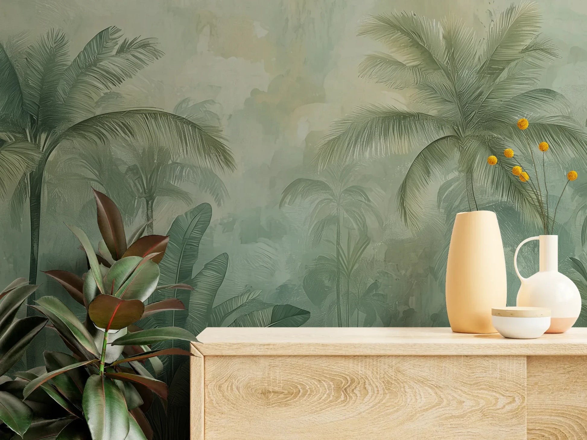Fototapeta MIST GARDEN - tapeta z tropikalną dżunglą w pastelowych odcieniach pokazana w aranżacji wnętrza z akcentem na ścianie.
