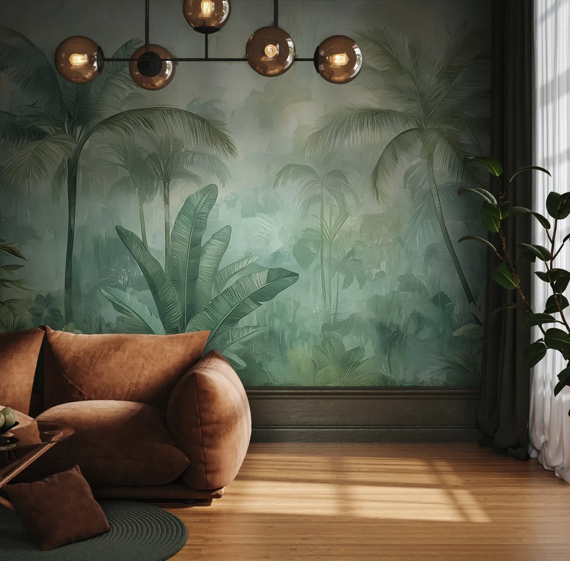 Fototapeta MIST GARDEN - tapeta z tropikalną dżunglą w pastelowych odcieniach pokazana w aranżacji wnętrza z akcentem na ścianie.