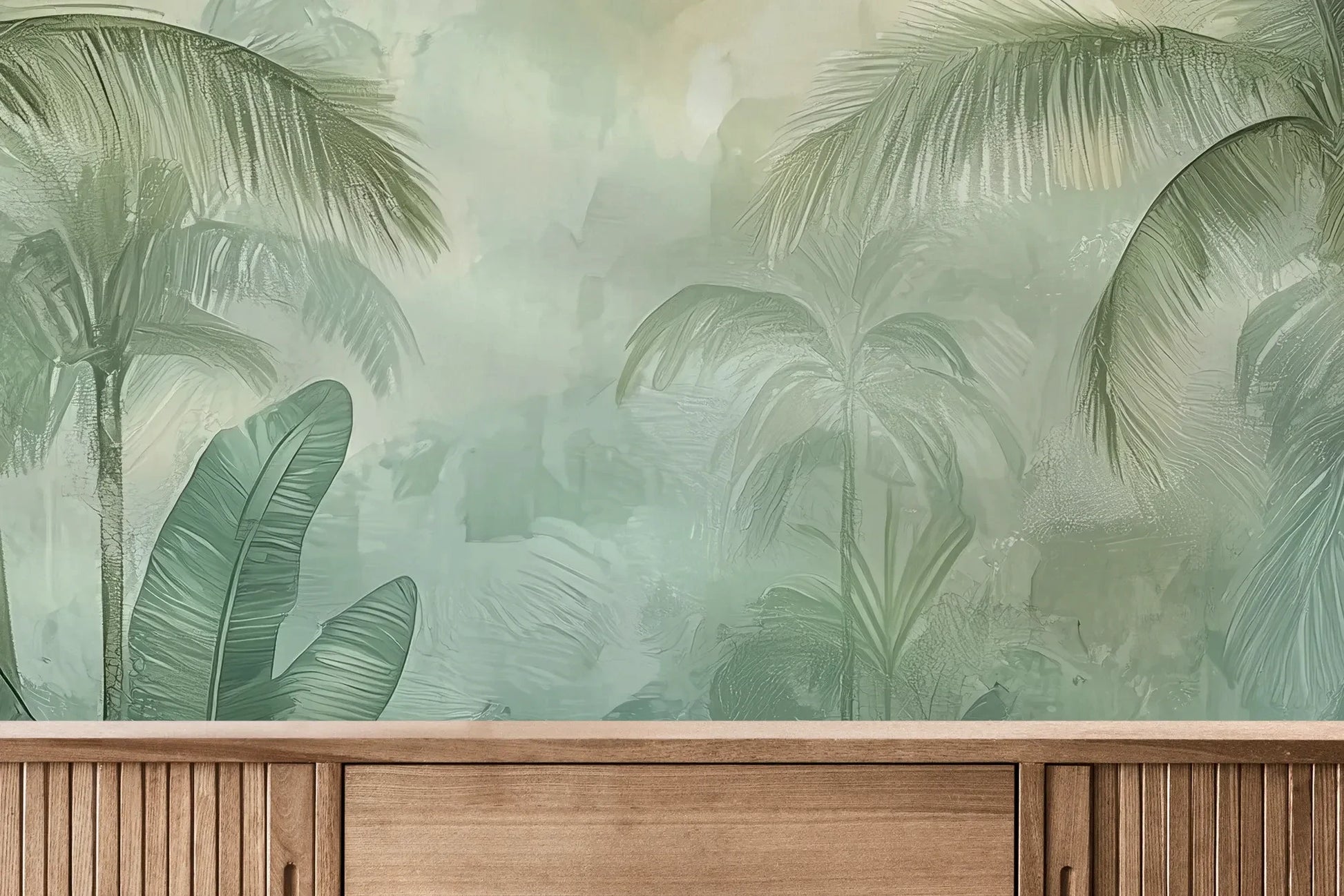 Fototapeta MIST GARDEN - tapeta z tropikalną dżunglą w pastelowych odcieniach pokazana w aranżacji wnętrza z akcentem na ścianie.